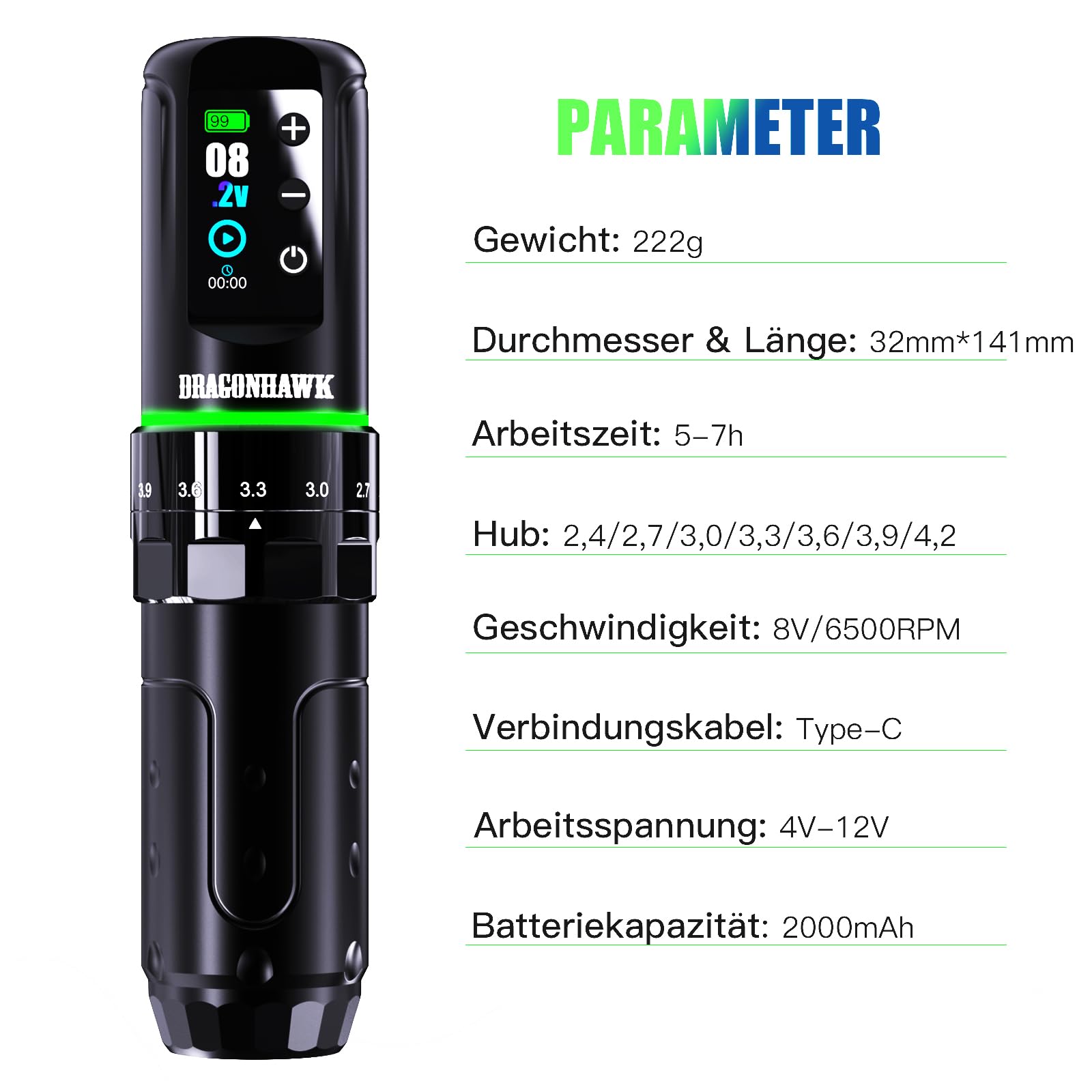 Dragonhawk L3 Tattoo Maschine Set,7 Hublängen 2 Stück 2000mAh Akkus | Kabelloses Tätowiermaschine Hub 2,4–4,2mm,RCA-Anschluss,Nadeln Für Einsteiger auf Übungshaut Rosa