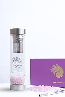 Tea Infuser Bottle - 12oz Double Wall Glass Tumbler with Stainless Steel Filter & Rose Quartz Crystal - Leakproof with Straw
