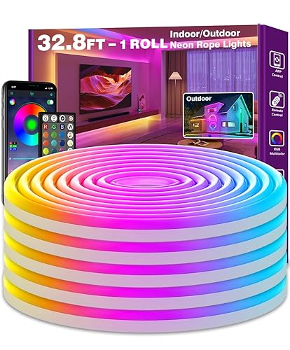 SINLEY Led Neon Rope Lights 32.8FT,Control with App/Remote,Flexible Led Rope Lights,Multiple Modes,IP68 Outdoor RGB Neon Lights Waterproof,Music Sync Gaming Led Strip Lights for Bedroom Indoor - 32.8FT