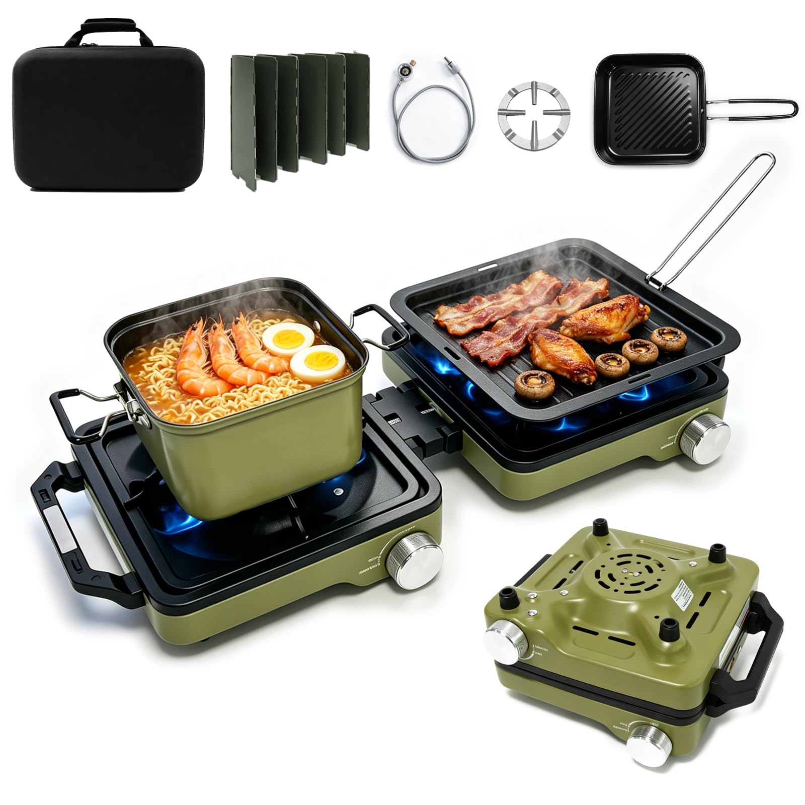 Photo 1 of 2 Burner Portable Propane Camping Stove Kit, 24000 BTU Foldable Hiking Stove with Frying Pan, Pot, Windshield & Carry Bag, Outdoor Cookware Camp Cooking Set for Tailgating, BBQ, Picnic, Green