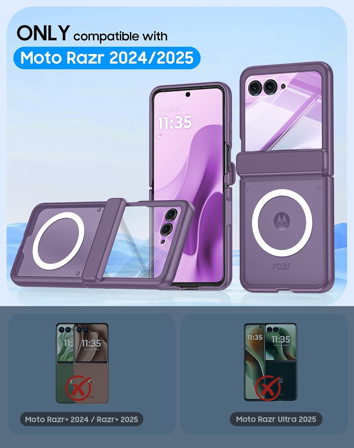 for Motorola Razr 2025 / Razr 2024 Magnetic Case[Hinge Protection] [Fit for Magsafe] [Screen Protector] Translucent Frosted Shockproof Cover for Razr 2025/2024-Purple