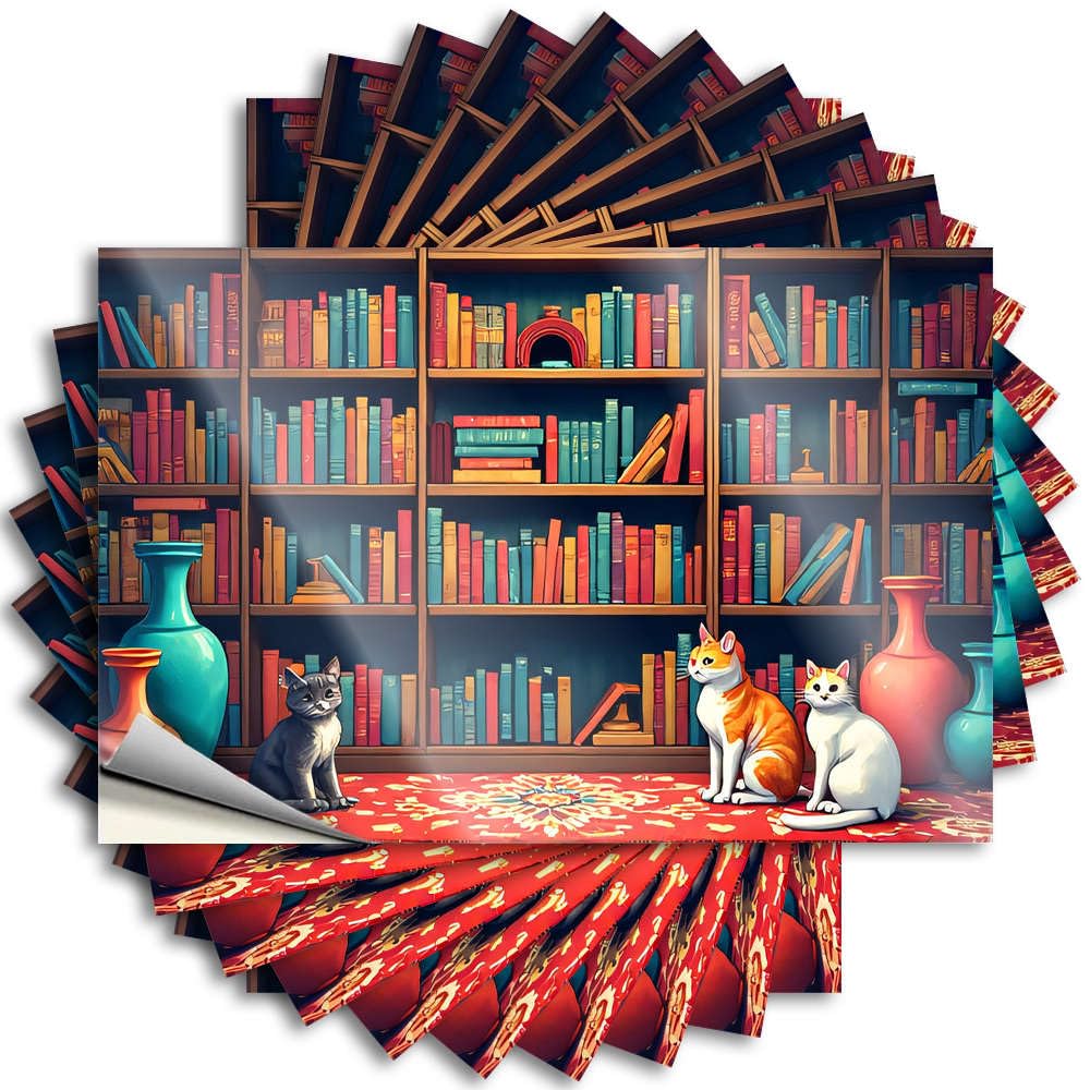 Lettering Sticker - Optical Illusion Case Three Cats Sit On A Patterned Rug in Front of Colorful Bookshelves for Hunting Love(8X12CM)