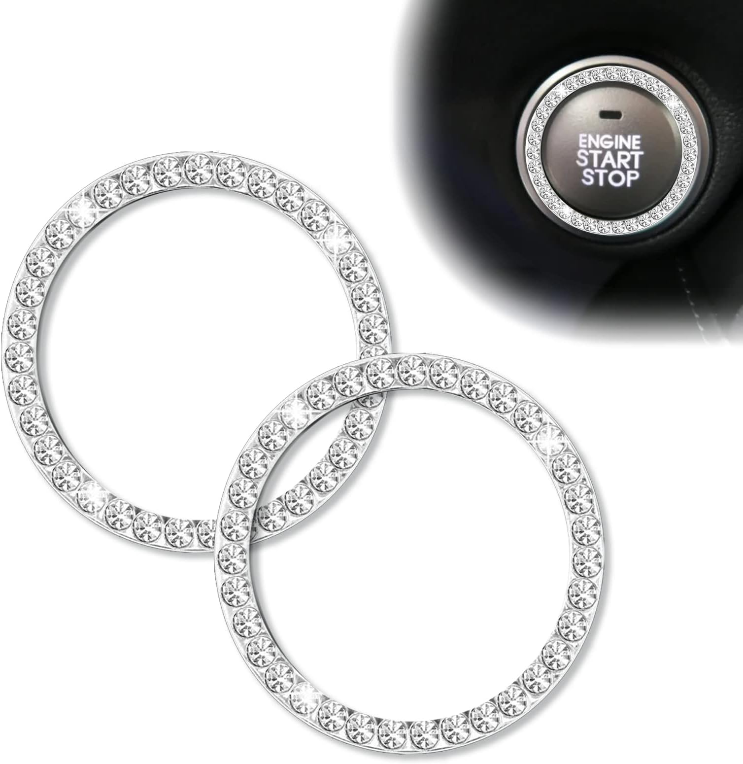2Pcs Engine Start Button Sticker Push Start Button Bling Ignition Ring Sticker Womens Car Decals, Car Interior Accessories Interior Diamond Rhinestone Key Ignition Starter & Knob Ring (White)