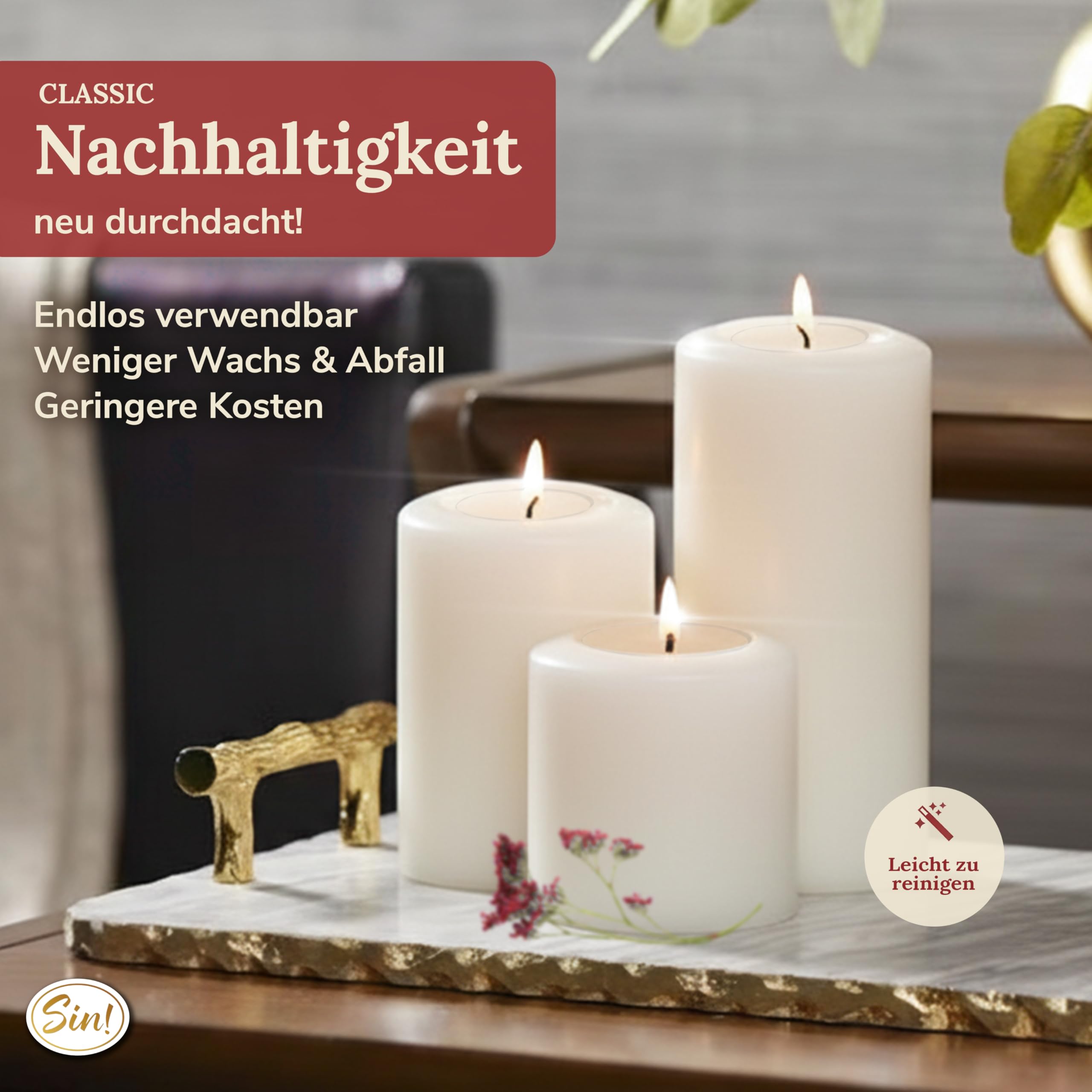 Sin!® 4er Set Teelichthalter & Dauerkerze Classic Ø 6cm H 6/8/10/12cm weiß - Die Kerze die Nicht schmilzt! Kunststoff-Kerze mit Teelichteinsatz (Made IN Germany) Teelicht-Kerzenoptik selbstlöschend