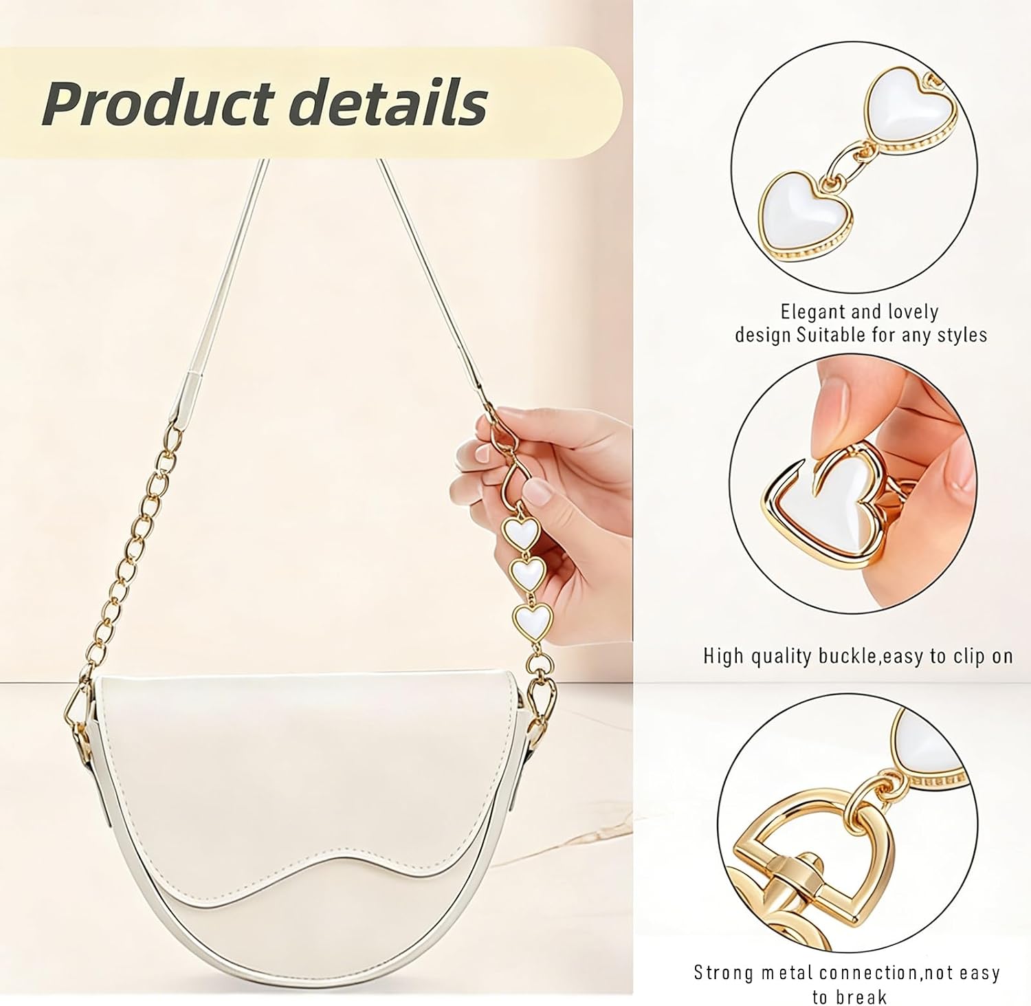 4Pcs Bag Extender Chain Gold Purse Strap Extender Replacement Crossbody for Bag Accessories Women, Girl Handbags Adjustable Purse Charms Making Supplies (Pearl, Bow Ribbon, Heart, Moon)