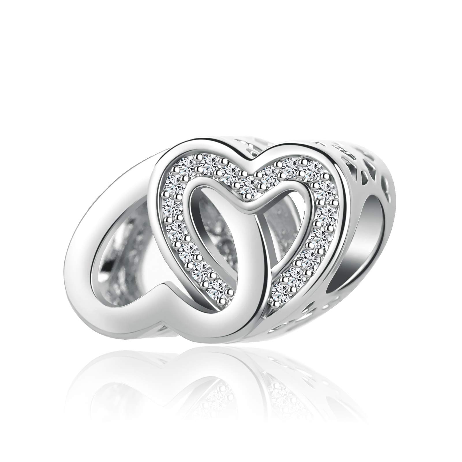 Sparkling Love Heart Charm for Bracelet Silver Cubic Zirconia Bracelets Bead for Women Love Wife Girlfriend Valentine Family, Copper, No Gemstone