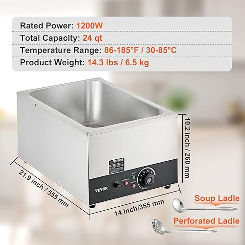Miniatura 7 de VEVOR Calentador de alimentos comercial Bain Marie de 24 cuartos de galón, calentador eléctrico de bufé de 1200 W, calentador de sopa, estufa de