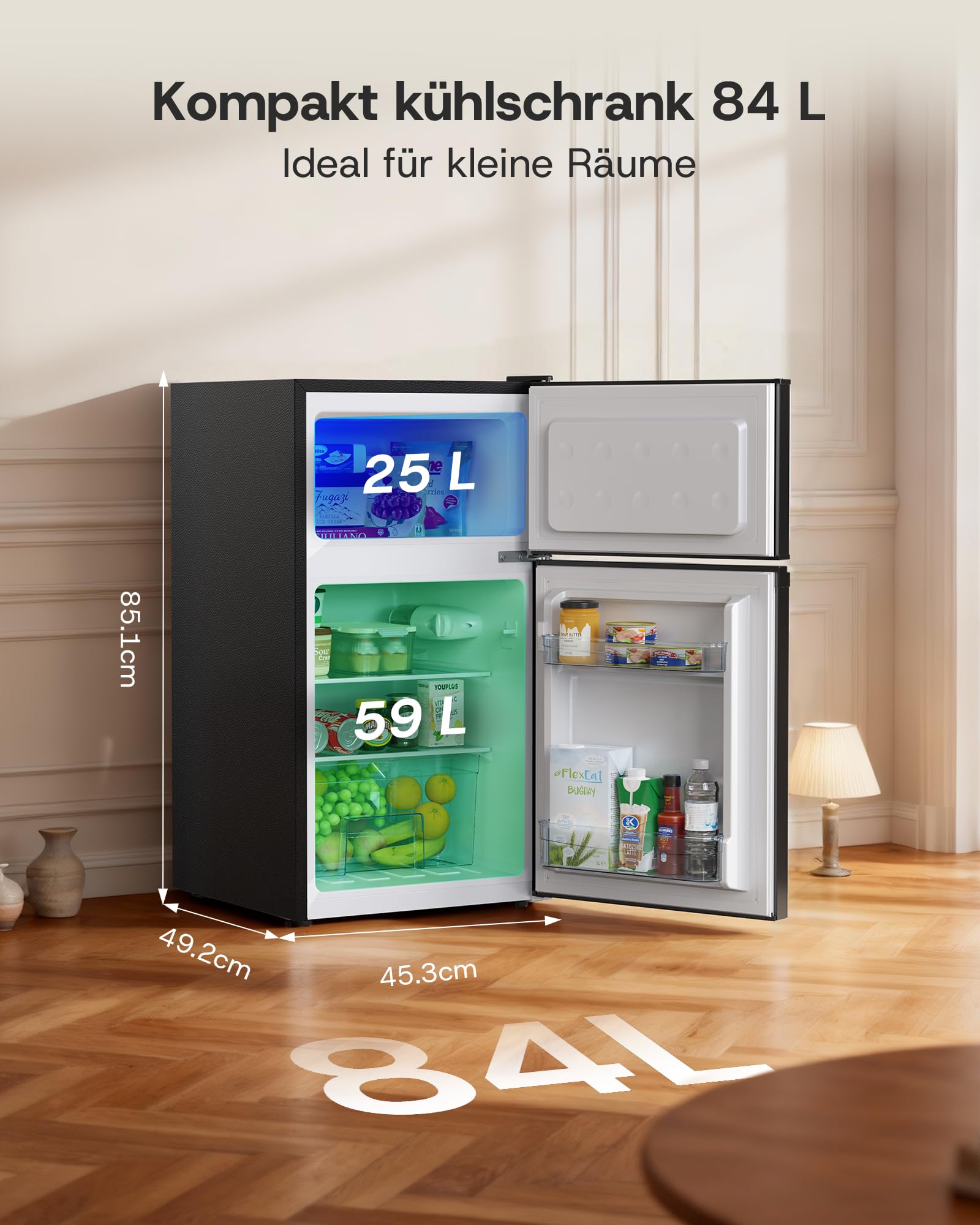 Upstreman 84L Kühl Gefrierkombination, Kühlschrank mit Gefrierfach oben，39dB Leise und LED Beleuchtung，Kleiner Kühlschrank mit 2 Wechselbare Tür, TM84 Schwarz