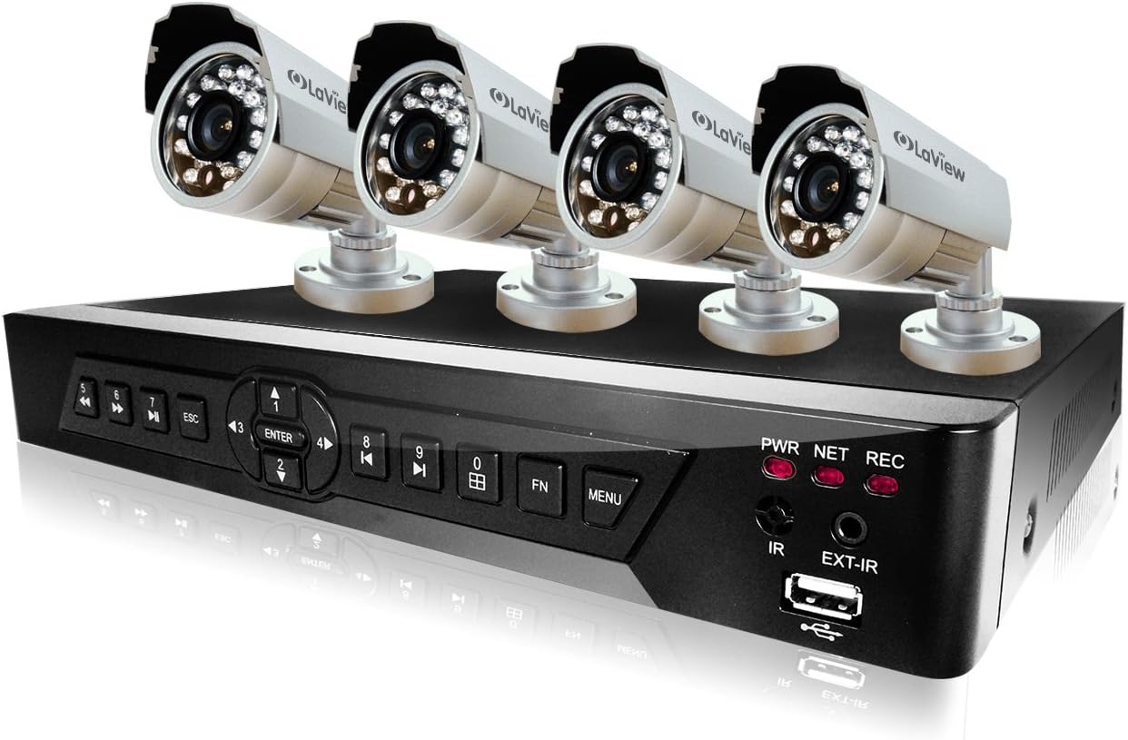 LaView 4 Camera Security System, D1 RealTime 8 Channel DVR w/500GB HDD and 4 Bullet 600TVL Day and Night Indoor/Outdoor Surveillance Kit