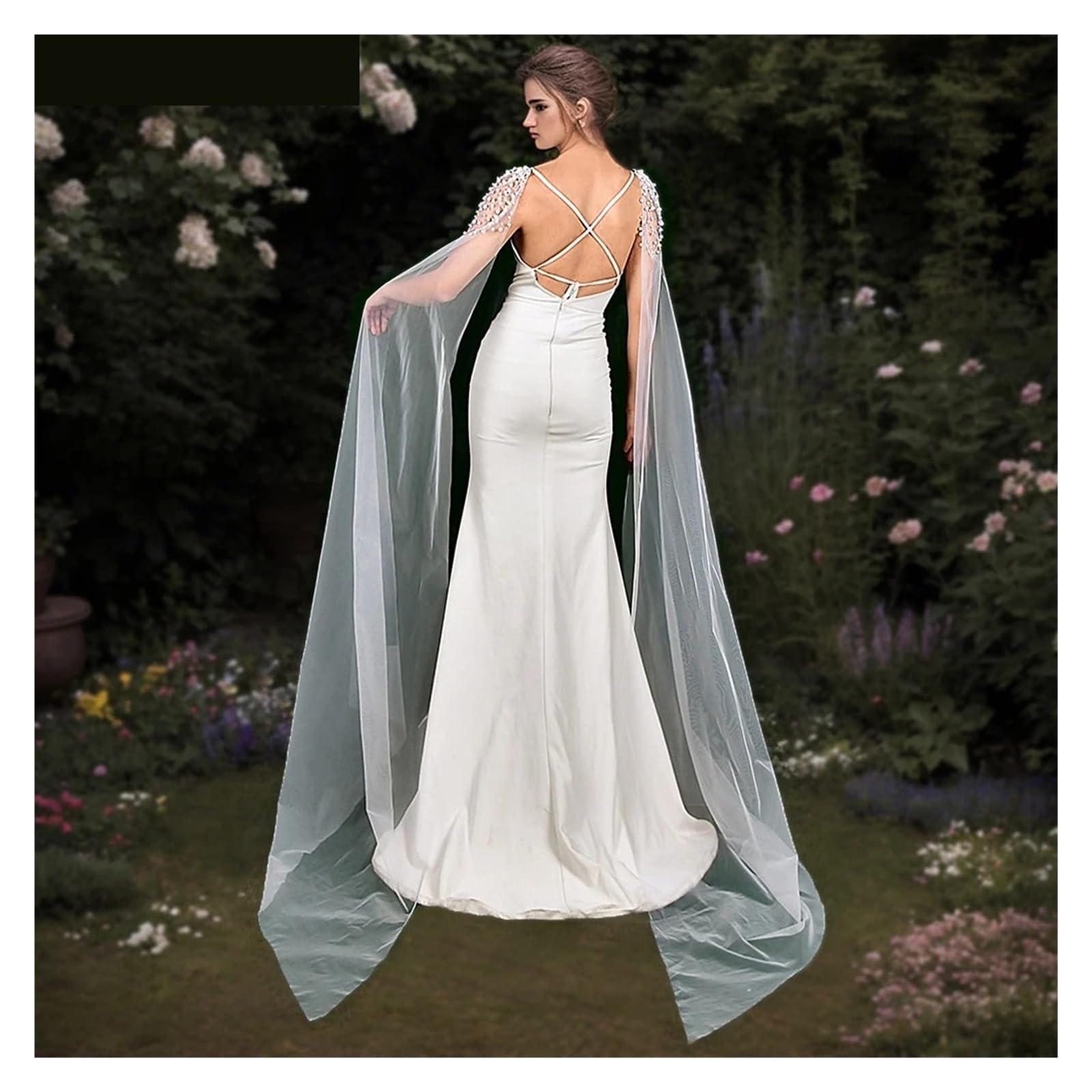 Boda Estola Chal de novia largo con perla, dos piezas, capa tul for mujer, for fiesta boda para novia, cosplay, reunión, cita