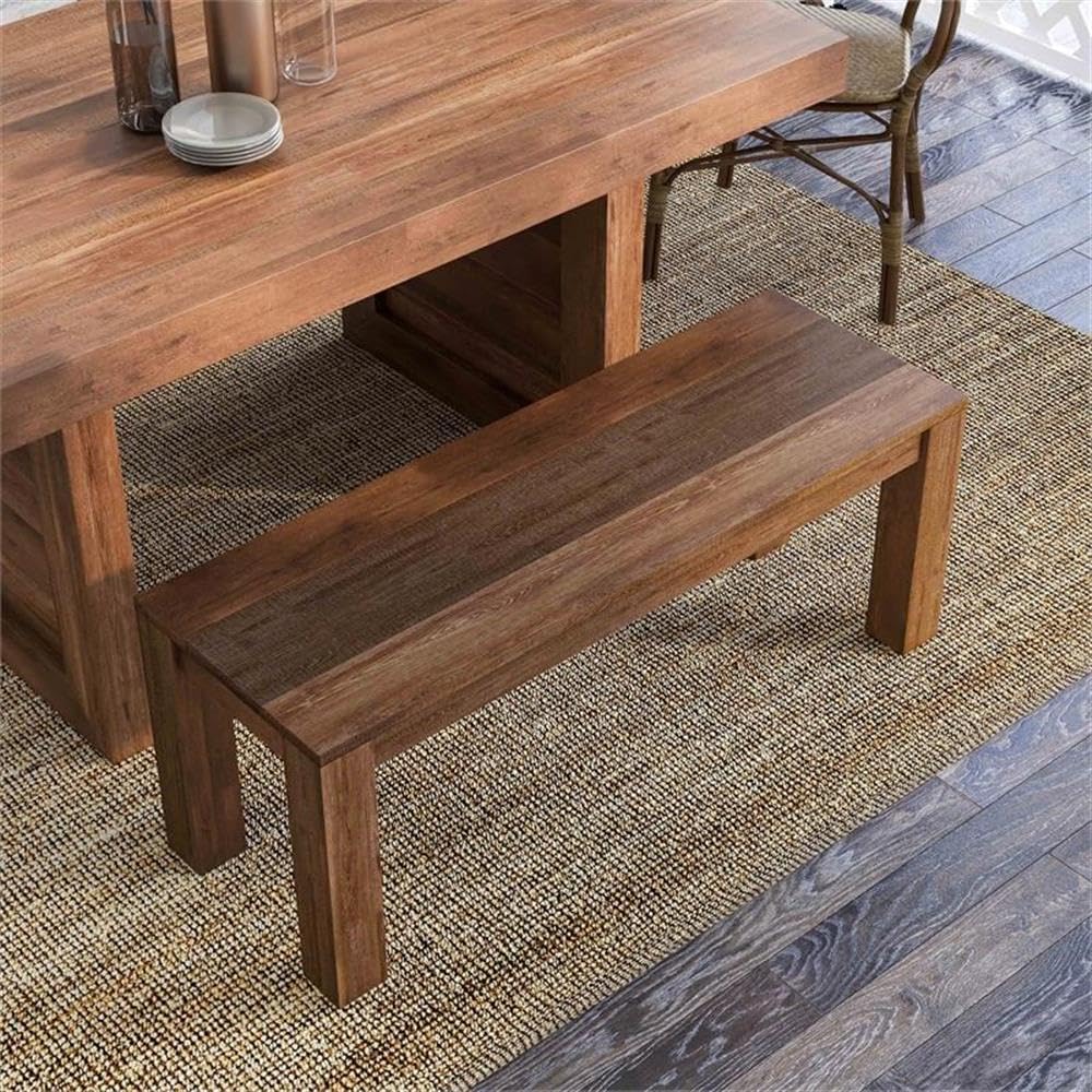 BOWERY HILL Farmhouse Rustic Solid Wood Short Bench, Natural Tone Finish, 46 in Wide, Backless Seat, Square Post Legs, Modern Farmhouse Style Dining Room or Entryway Seating