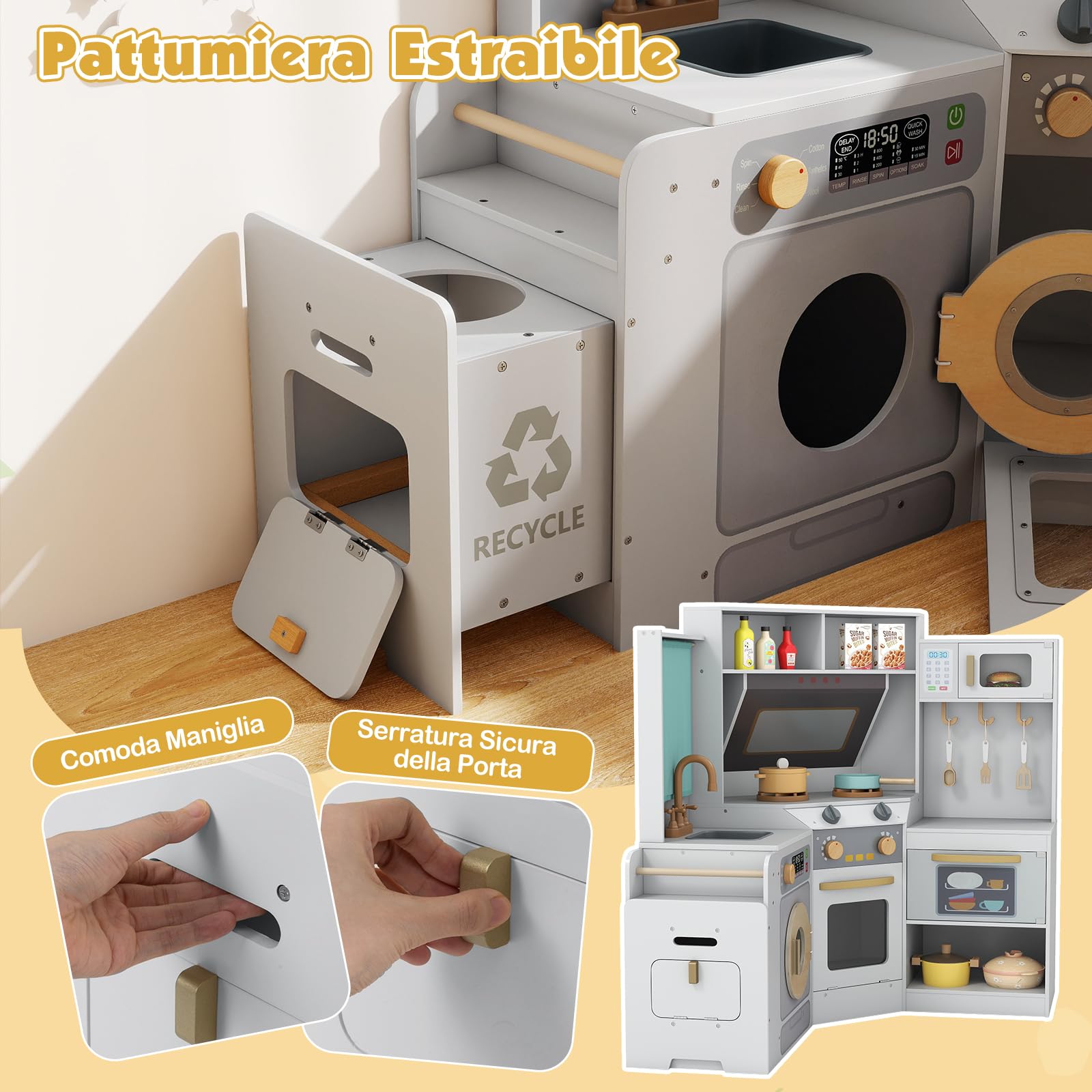 COSTWAY Cucina Giocattolo Angolare in Legno, Set di Cucina Giocattolo per Bambini con Pattumiera Estraibile, Tenda, Lavandino, Fornelli, Microonde, Forno, Lavatrice, per Bambini 3+ Anni (Grigio)