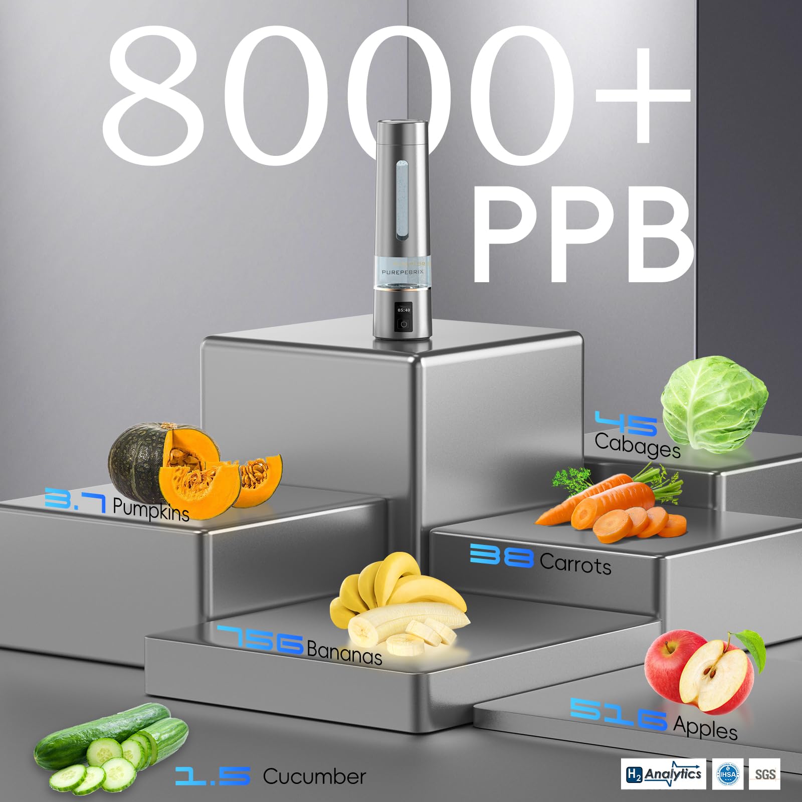 PUREPEBRIX H8000 Wasserstoff-Wasserflaschengenerator 12000 PPB tragbar alkalischer Wasserkrug Platin-Iridium-Katalysator OLED-Display