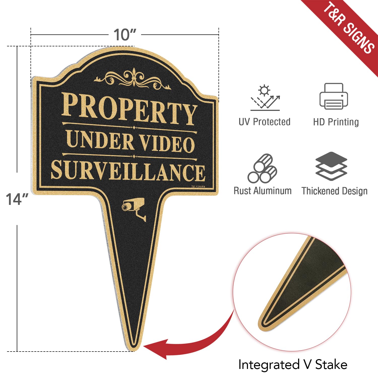 T&R Large Property Under Video Surveillance - Letrero de aluminio pesado con estaca, paquete de 2, 14 x 10 pulgadas, libre de óxido, para exteriores, protección UV, impermeable y resistente a la