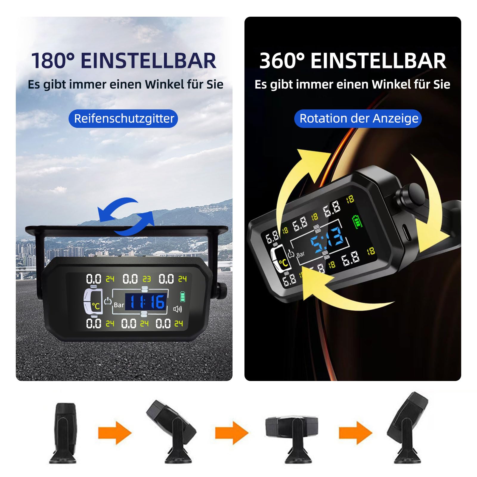 Reifendruckkontrollsystem, TPMS 6 Rad Modi, 8 /15 BAR, 116/217 PSI Max, mit 6 Externen Kupfer Reifendrucksensor, Vertikal/Hängend Montierbar, Solar USB Aufladung, für Busse, Wohnmobile, LKW (0-15 BAR)