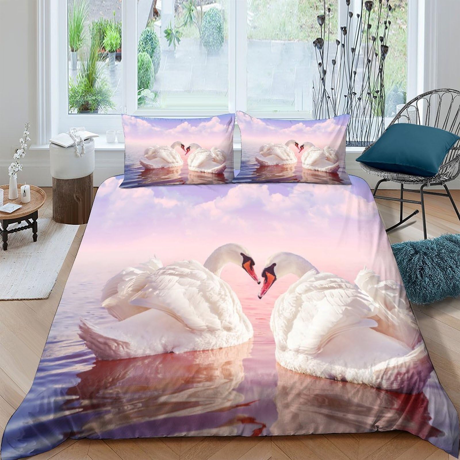 Ctjqhvkz Style-3 3D Printed Swan Lake Fitted Sheet Microfiber Soft Pink Sunset Heart Swans Mattress Cover For Bedroom Home Decor Single（135X200cm）