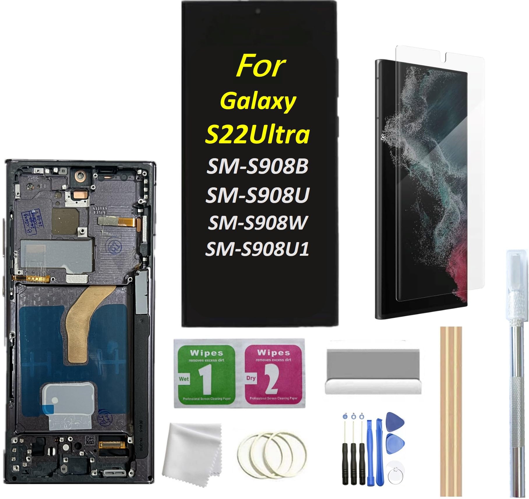 Galaxy S22 Ultra LCD Screen with Frame Replacement for Samsung Galaxy S22 Ultra SM-S908B SM-S908U1, SM-S908W LCD Screen Display Touch Digitizer with Frame+Tool (Black)