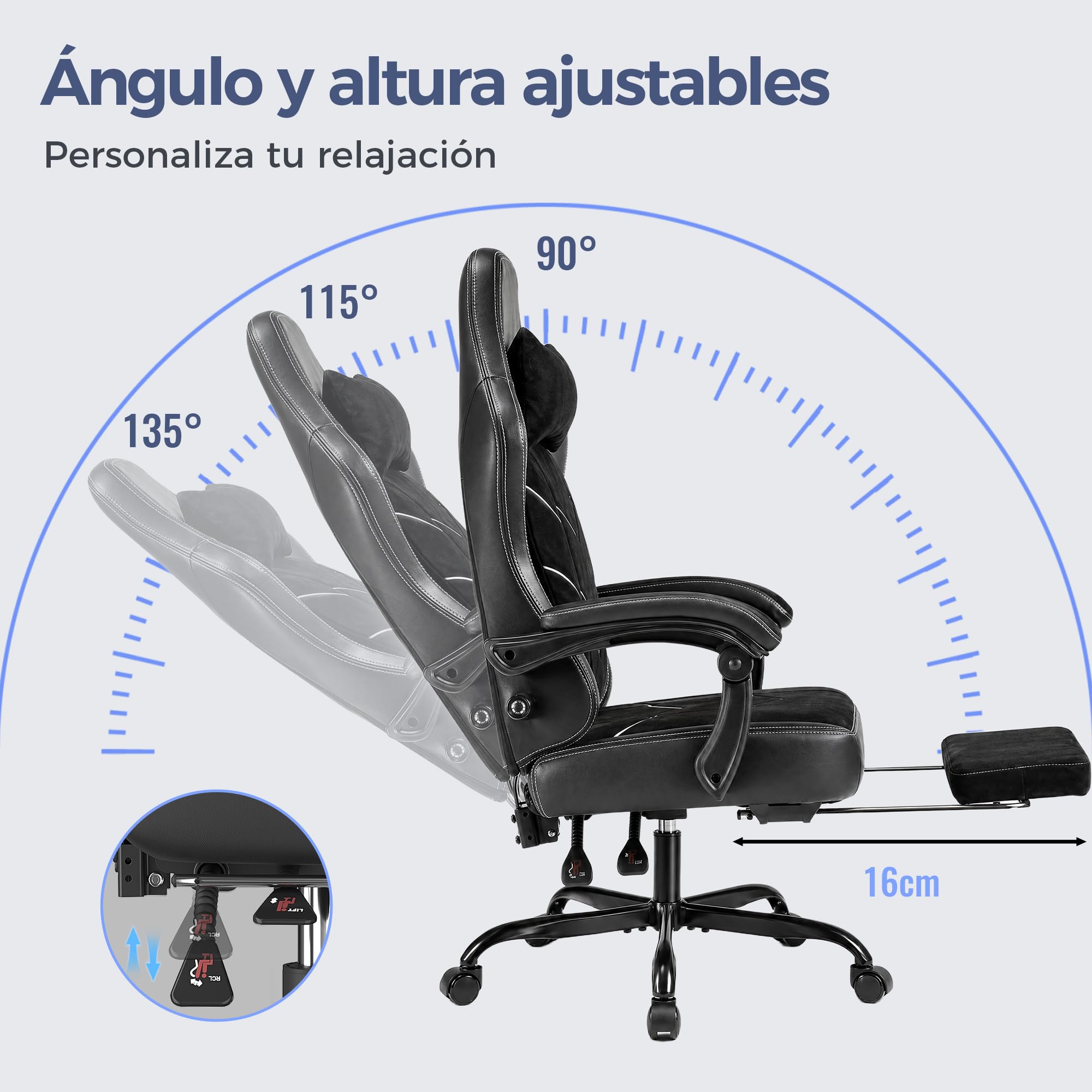 TRIUMPHKEY Silla Gamer Ergonómica, Silla de Oficina con Reposapiés, Inclinable, Soporte Lumbar, Cojín de Muelles, Reposabrazos Sincronizados, Capacidad de Carga 200kg, Negro Obsidiana