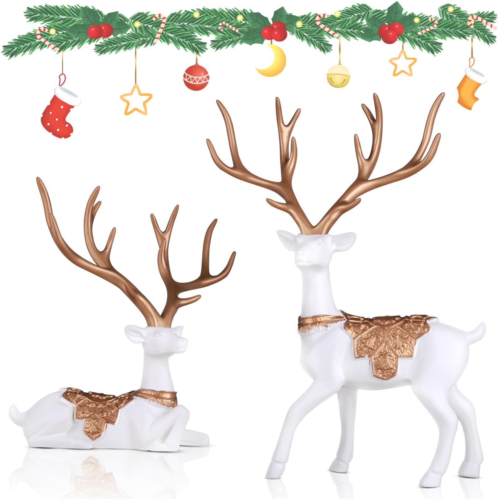Set of 2 Christmas Reindeer Statues, Fawn Statue Christmas Decorations on Shelf, Modern Blue Home Decor Large Reindeer Christmas Table Decorations for Living Room Entrance Table Decorations (White) - Blue,Golden,White