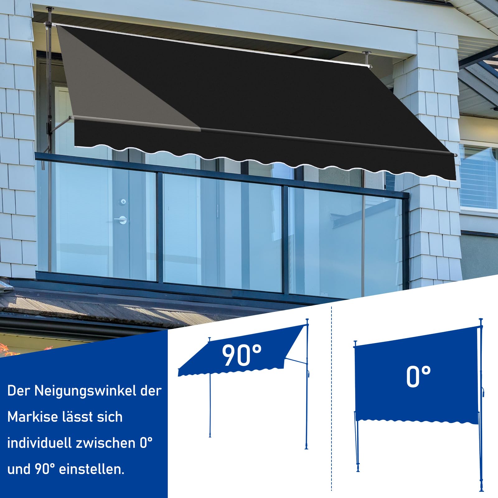 LEADZM Tenda da sole per balcone senza fori, impermeabile, resistente ai raggi UV, regolabile in altezza con manovella, per terrazze, balcone, giardino, negozio (nero, 300 x 120 x (200-300)