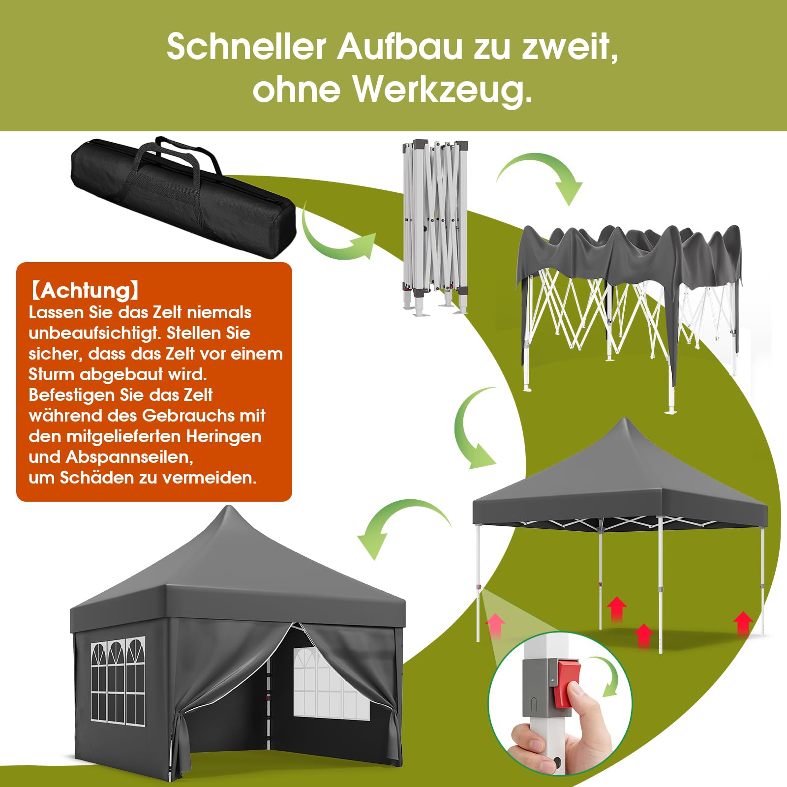 JUMMICO Faltpavillon 3x3 mit Hoher Spitze, um 60% Verbesserte Regenschutzleistung. UV 50+, Pavillon 3x3 Wasserdicht Stabil Winterfest, Shelter mit seitenwänden, für Garten und Camping, Dunkelgrau
