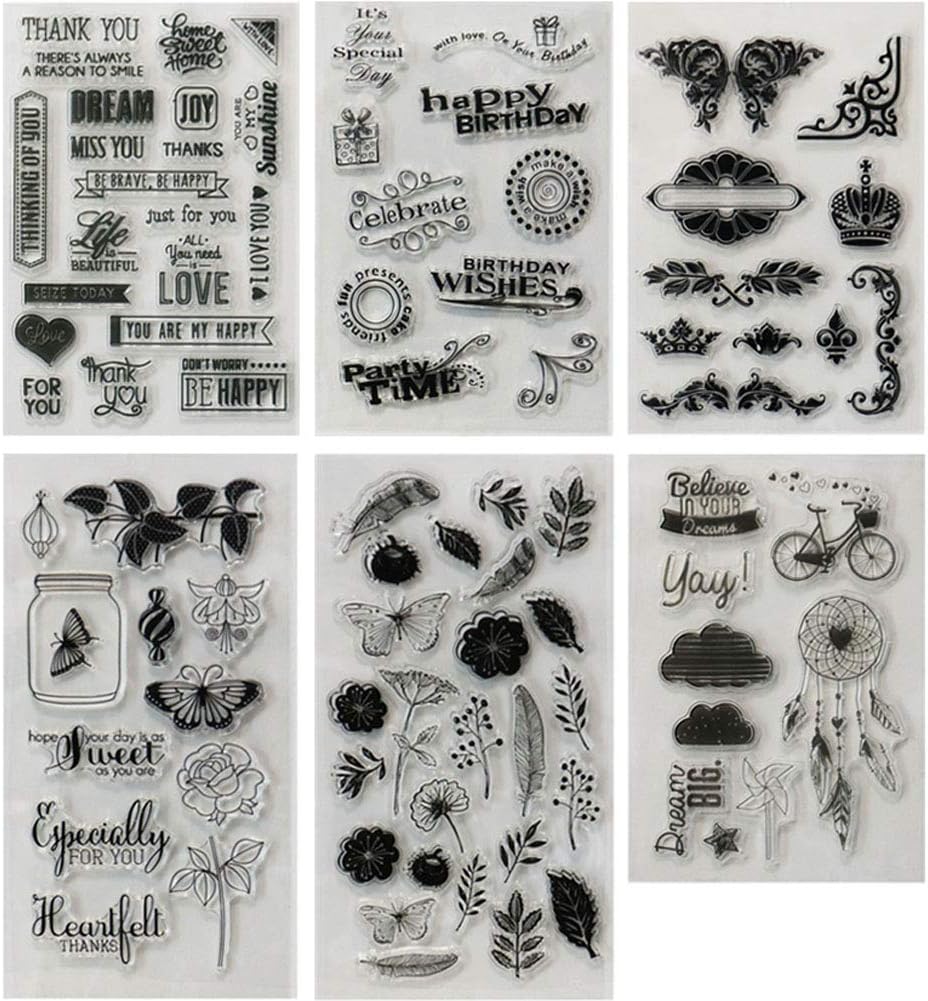 6 Sheets Various Theme Flower Butterfly Friendly Phrases Patterns Silicone Clear Stamps for Card Making Decoration and Scrapbooking (Style 01)