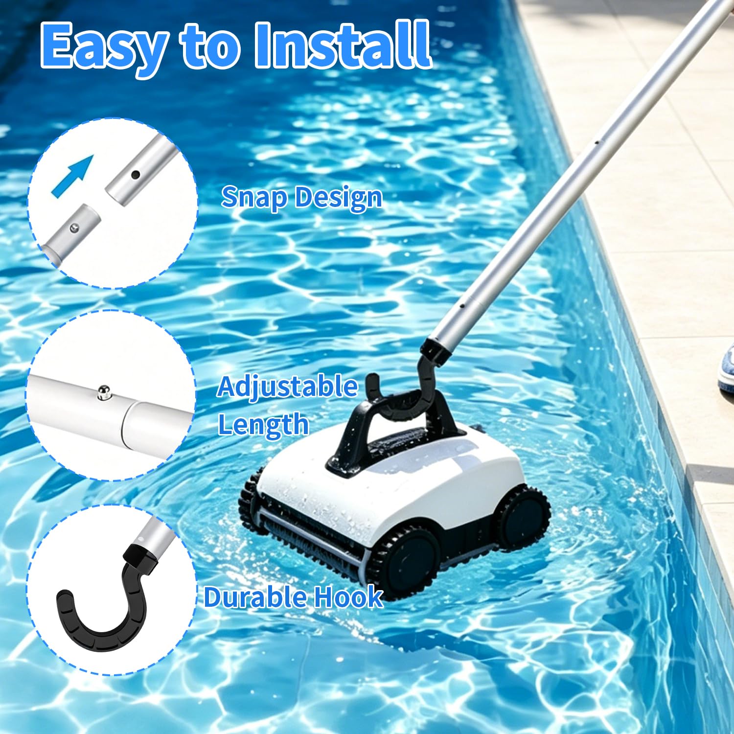 Set de 4 Crochet Robot Piscine 185 CM Tige Télescopique Crochet pour Aspirateur pour Piscine Set Facile à Utiliser Avec Gants et Chiffon Compatible Avec la Plupart des Dispositifs de Nettoyage