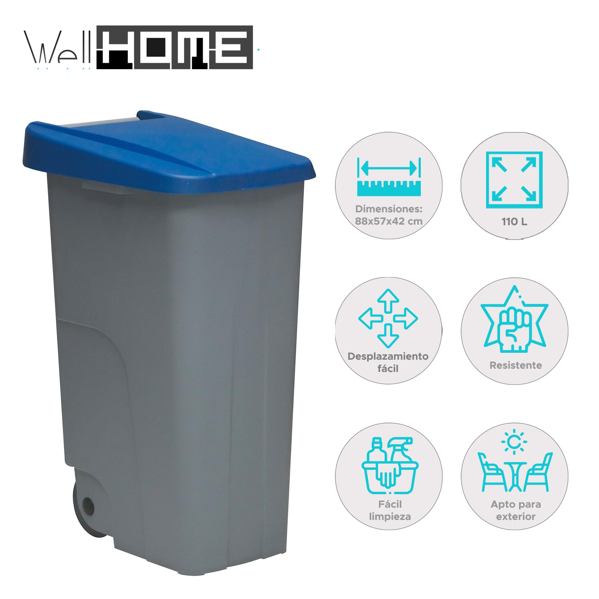 Well Home Contenedor Reciclo 110 litros Cerrado, Azul, 88x57x42 cm