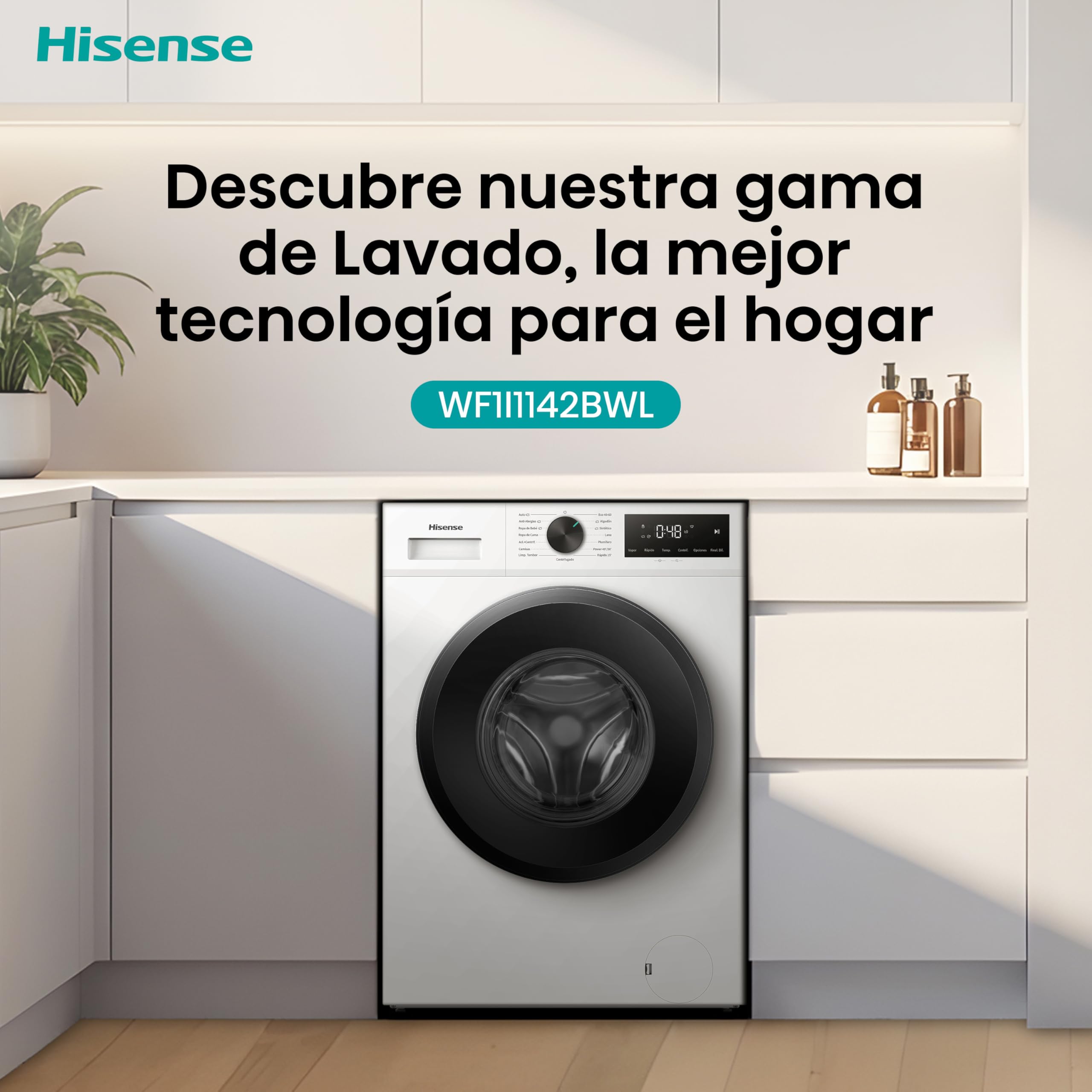 Hisense WF1I1142BWL - Lavadora 11 Kg, 1400 rpm, Clase A, Fondo 59cm, Lav. Power 49’ y Rápidos 30' y 15', Dispensador Automix, Lavado Auto Wash, Antiarrugas, iFit™ Fondo Optimizado, Vapor 99,9%, Blanco