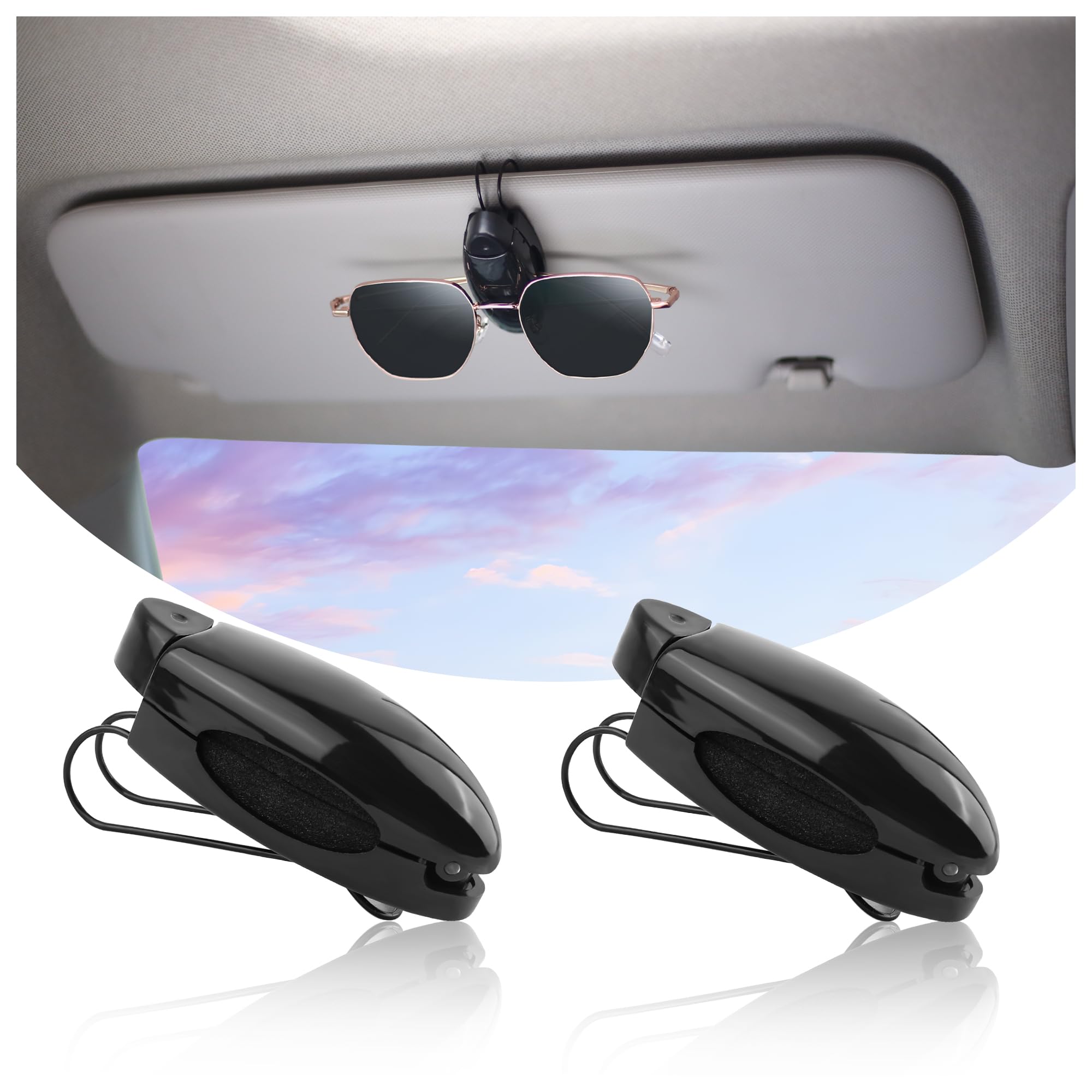 2PCS Sunglass Holder for Car,Visor Sunglasses Holder Clip with Sponge for Protect Sunglasses,Universal Sunglass Visor Clip Car Organizer Car Accessories Interior for Most Cars (Black/2PCS)