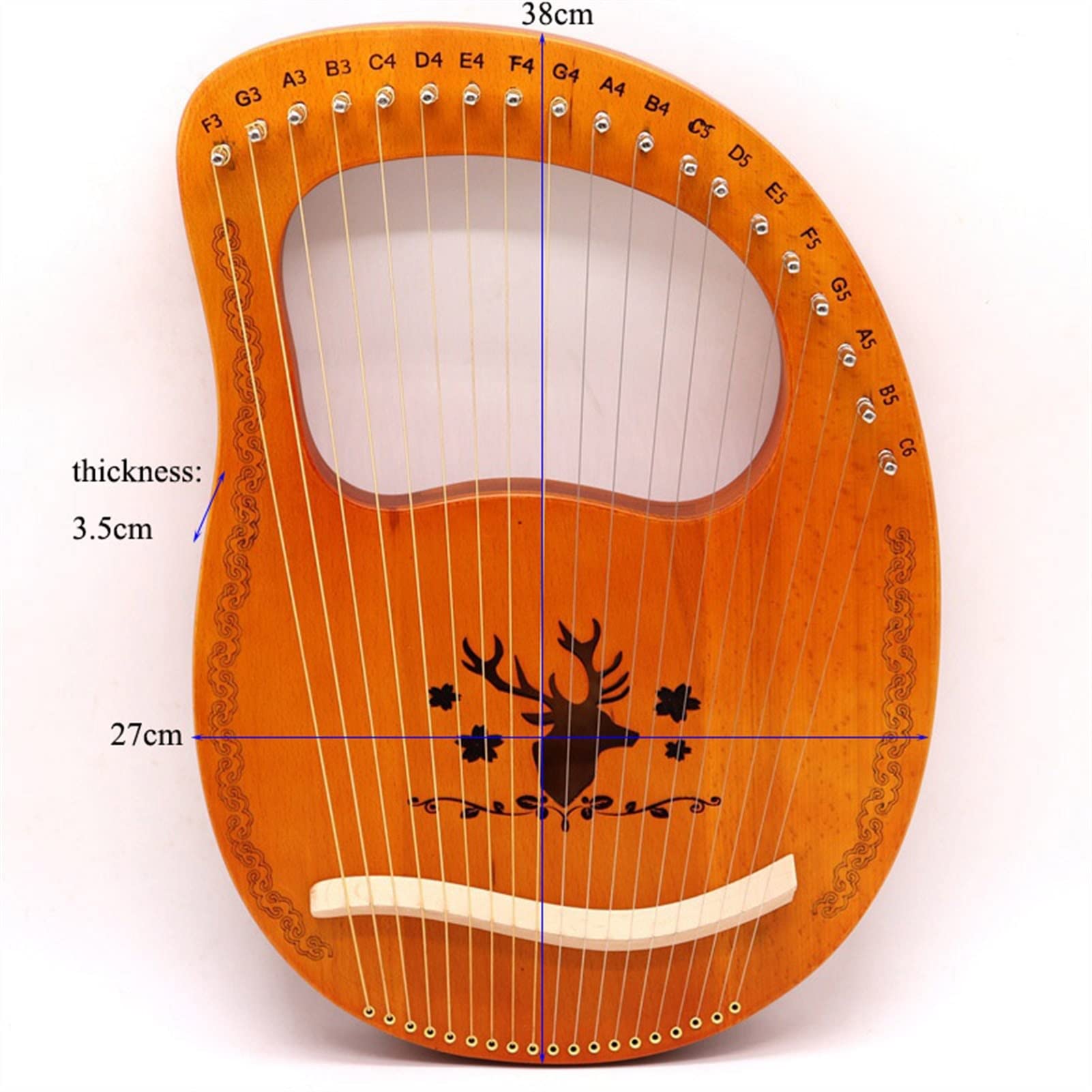 Tragbare Harfe mit 19 Saiten, Leierharfe, Metallsaiten, Rentiermuster, Mini-Holzharfe, Korpus aus Okoumé-Holz, Saiteninstrument, braun