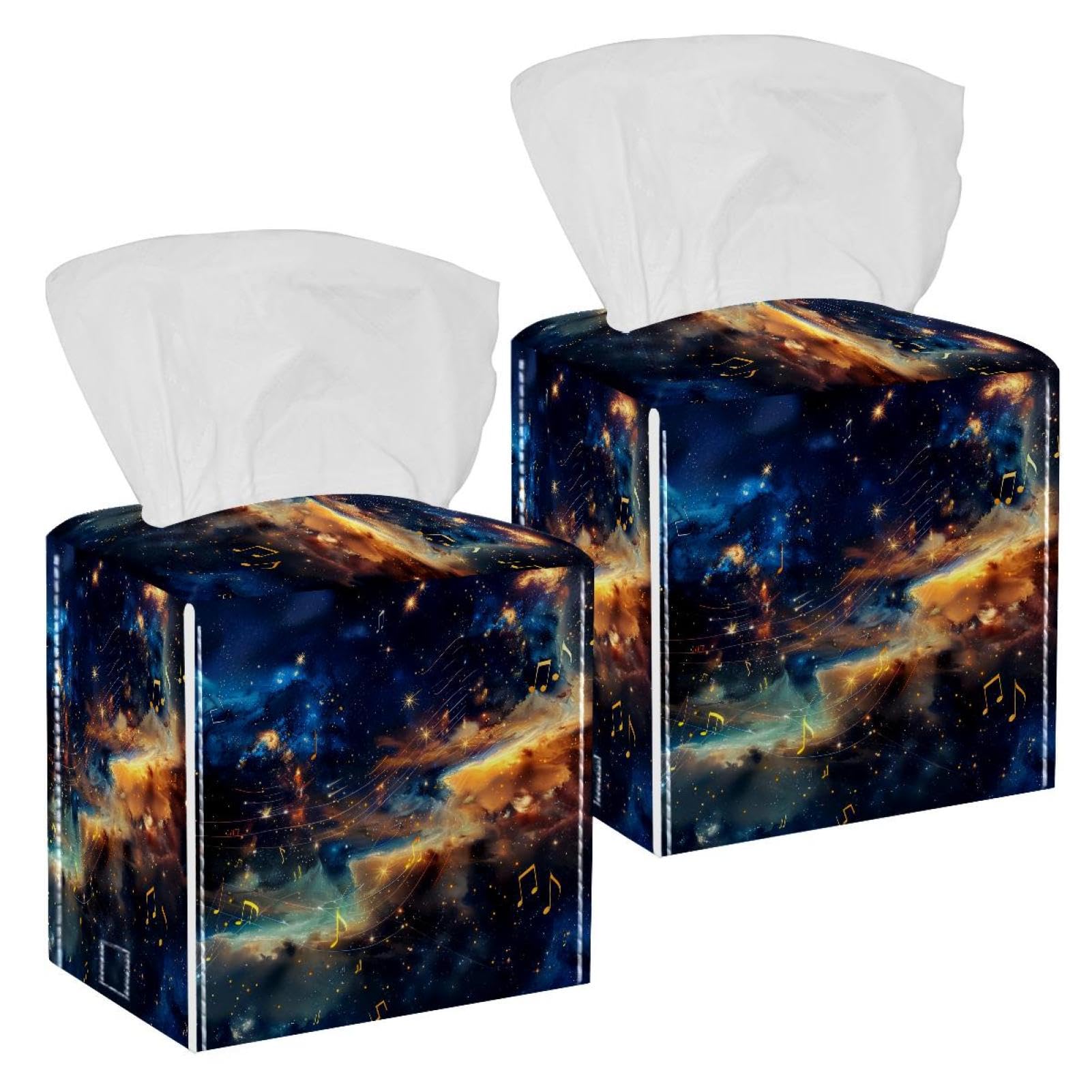 Space Galaxy Music Notes Tissue Box Cover, 2 Pack PU Leather Square Facial Tissue Dispenser Box holder for Home Office Car
