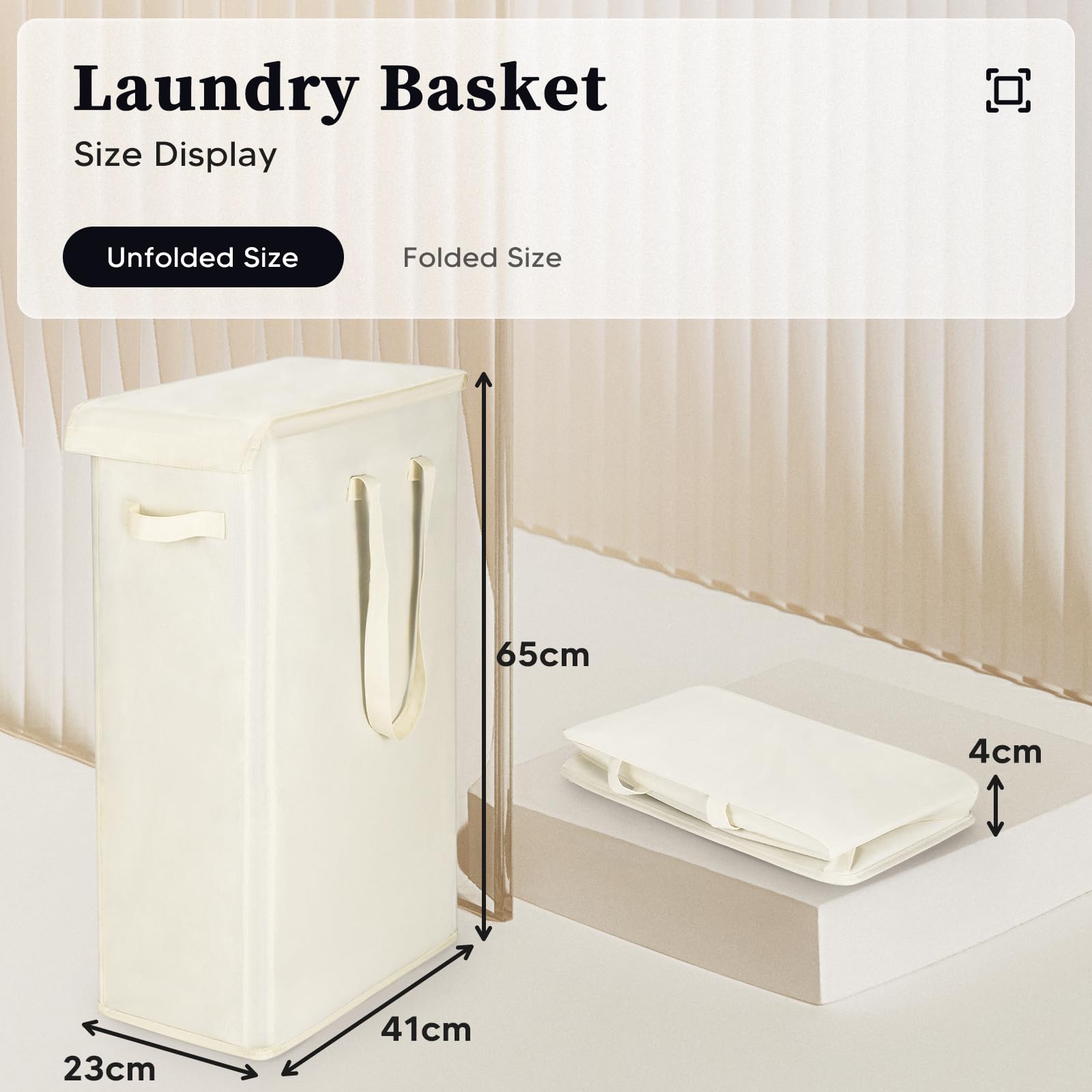 Cesta de Lavandería Estrecha con Manija Larga 55L Tela Oxford Cesto para la Colada Delgada con Tapa y Asas Cesta de Ropa Sucia Plegable Cesta de Almacenamiento, para Dormitorios(Beige)