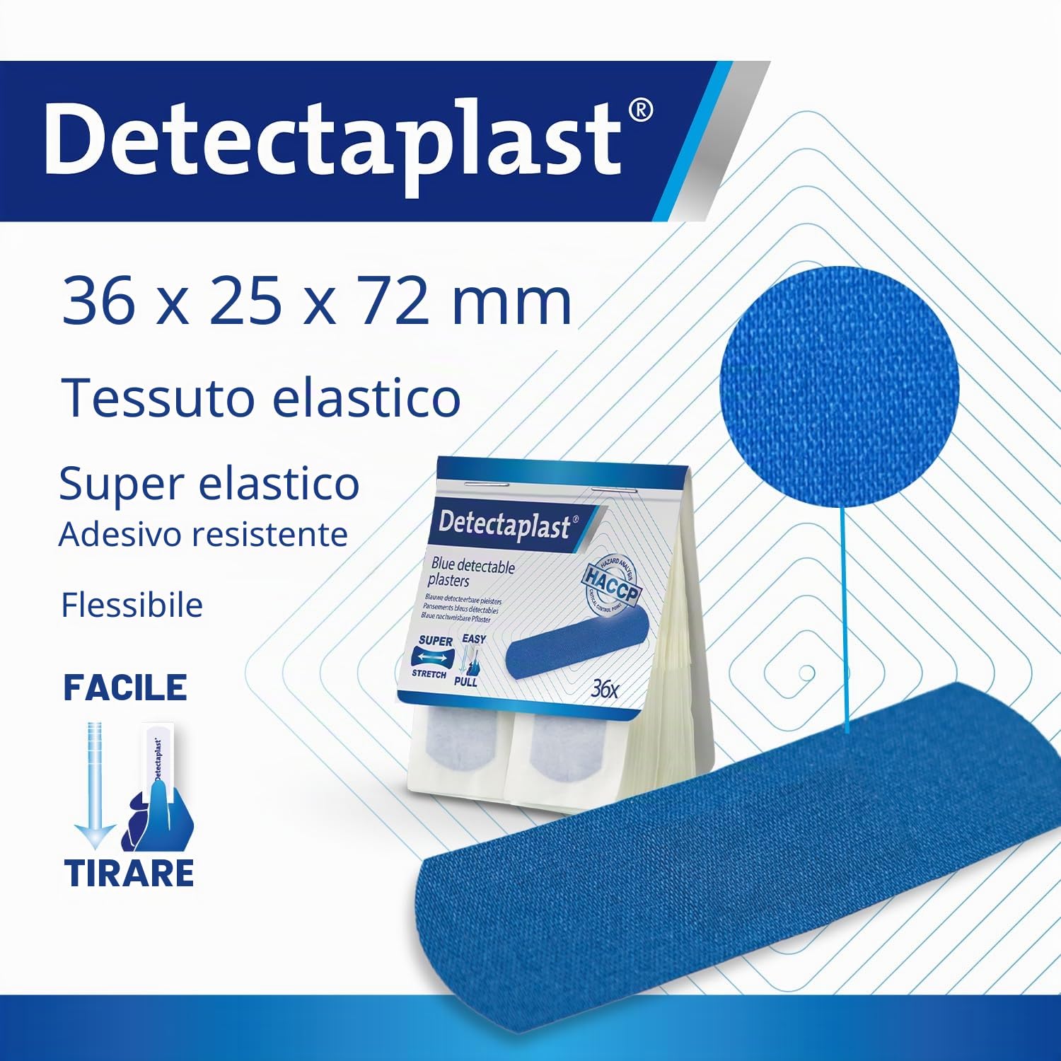 Detectaplast Ricarica di cerotti per kit di primo soccorso, 5 confezioni da 36 cerotti blu elastici ciascuna, 180 cerotti per primo soccorso per la ristorazione
