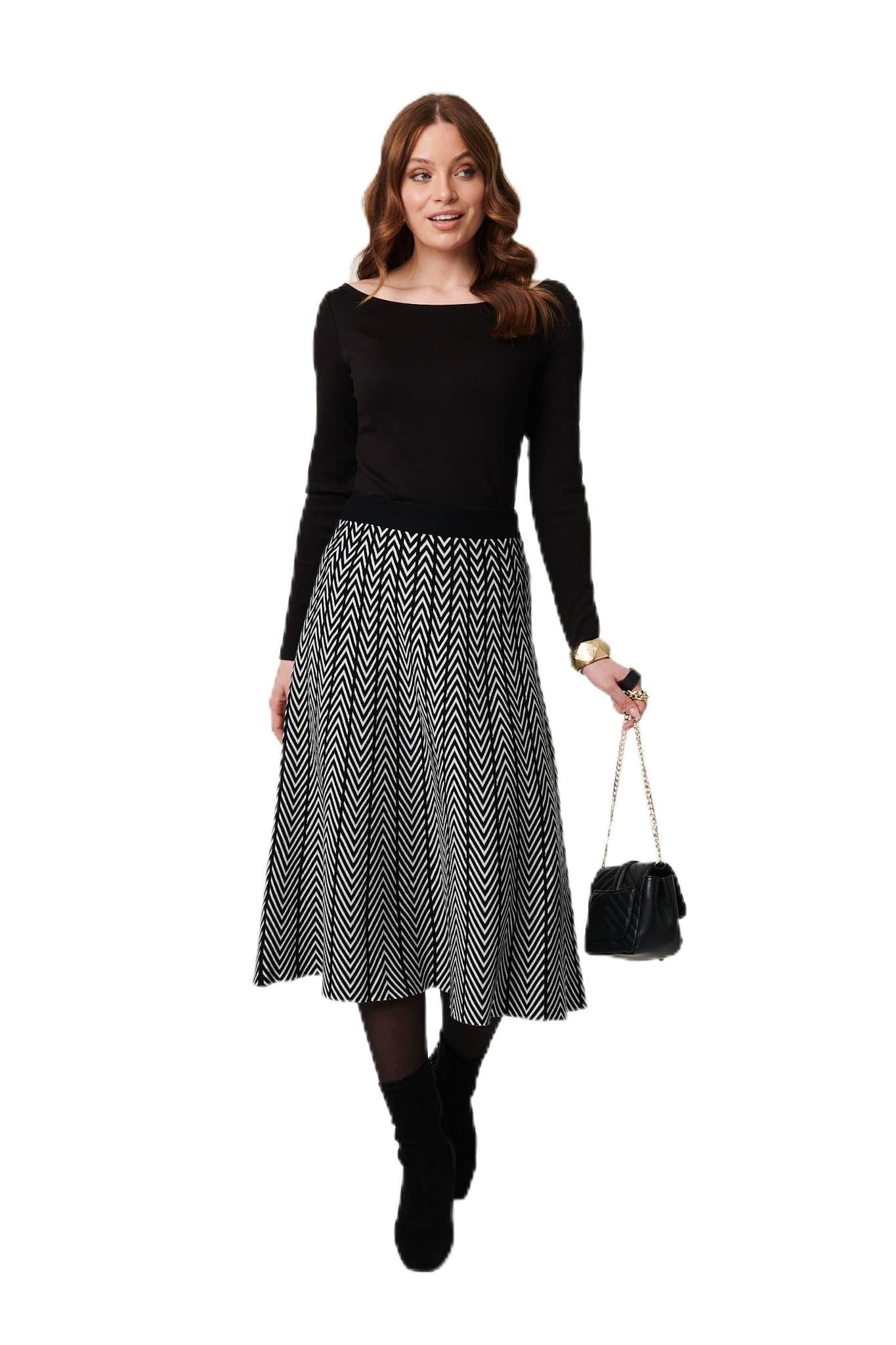 Izabel London Women's Black Chevron Print High Waist Knit Midi Skirt For Uk With A Pleated Texture And An A-Line Shape.