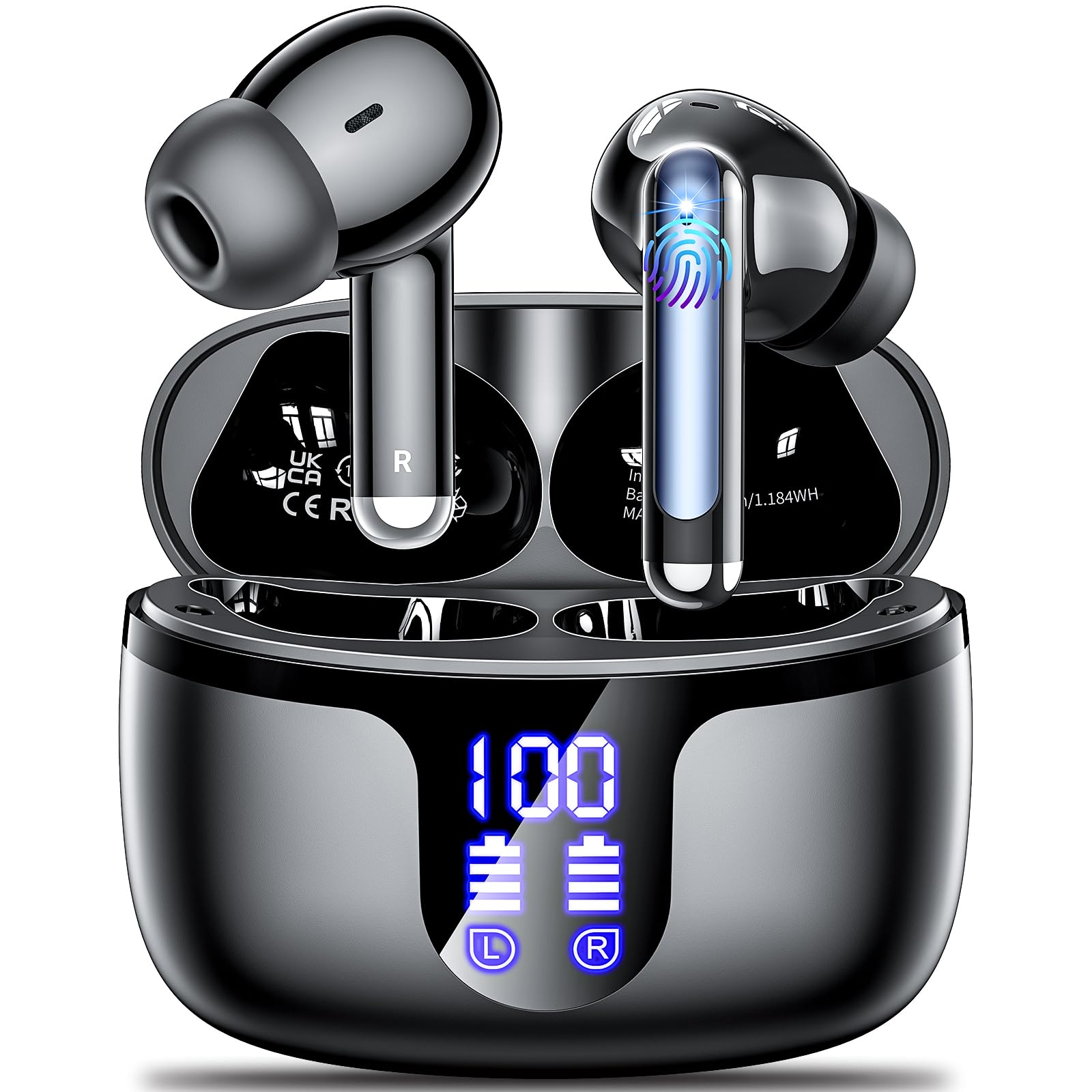 Monyhigh S48 Earbuds charging case showing 42 hours playtime, with details on 6-8 hours music time, 4.5 charges from case, and 1 hour Type-C fast charge.