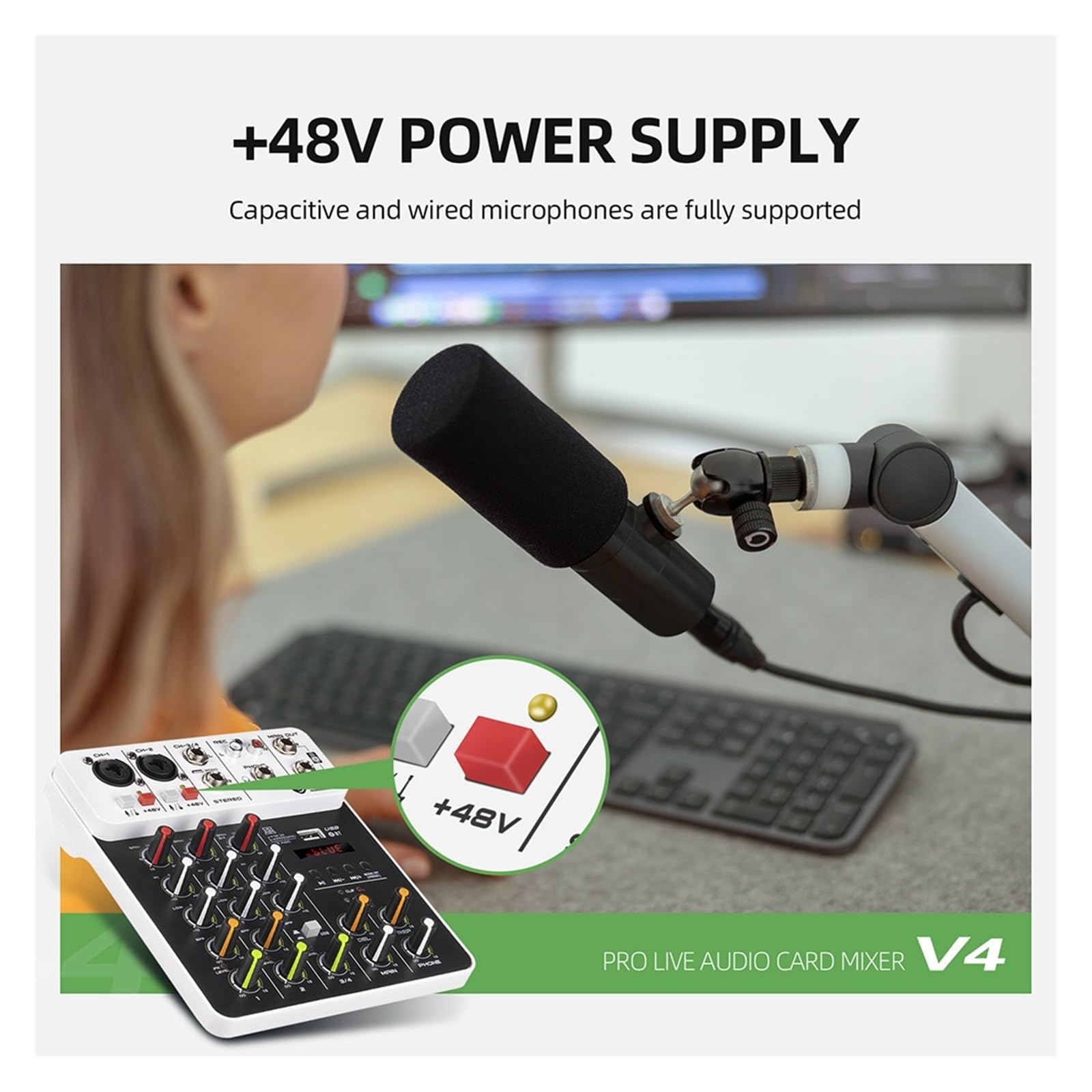 Mixer per DJ, V4 DJ Mixer Console 4 Canali Mixer Portatile 48V Phantom Power USB con Scheda for PC Registrazione Canto(V4 White Type)