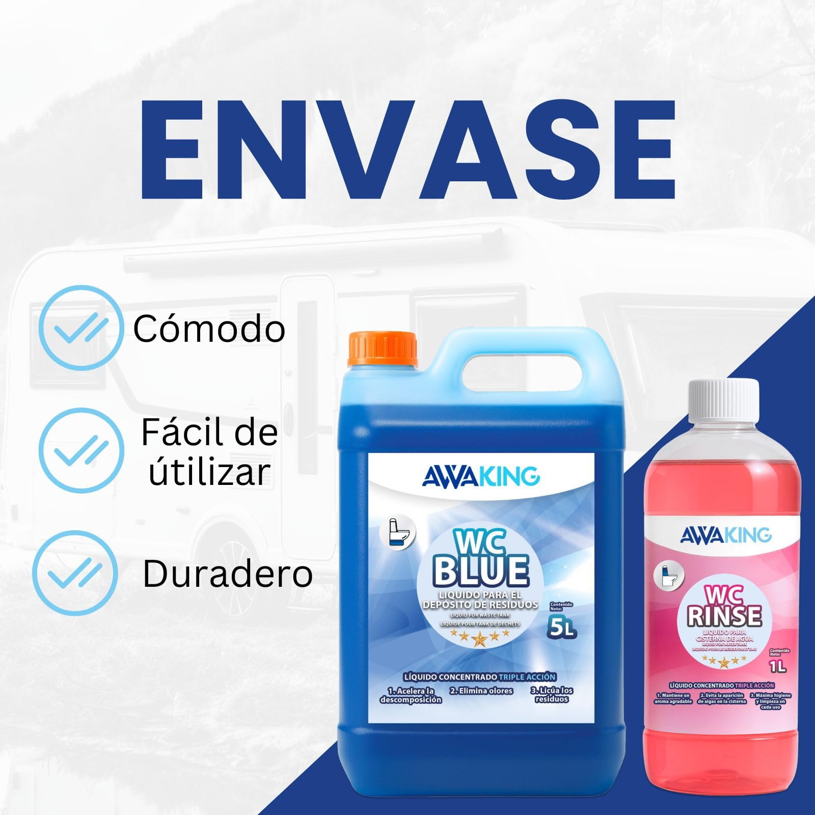 Liquido WC chimico portatile, Simile Aqua KEM Blue, 5L + Rinse 1L, Liquido WC Chimico Camper e Cisterna, Liquido Bagno Portatile Campeggio, Camper, Potti,Acqua Nera Camper,Serbatoio Rifiuti