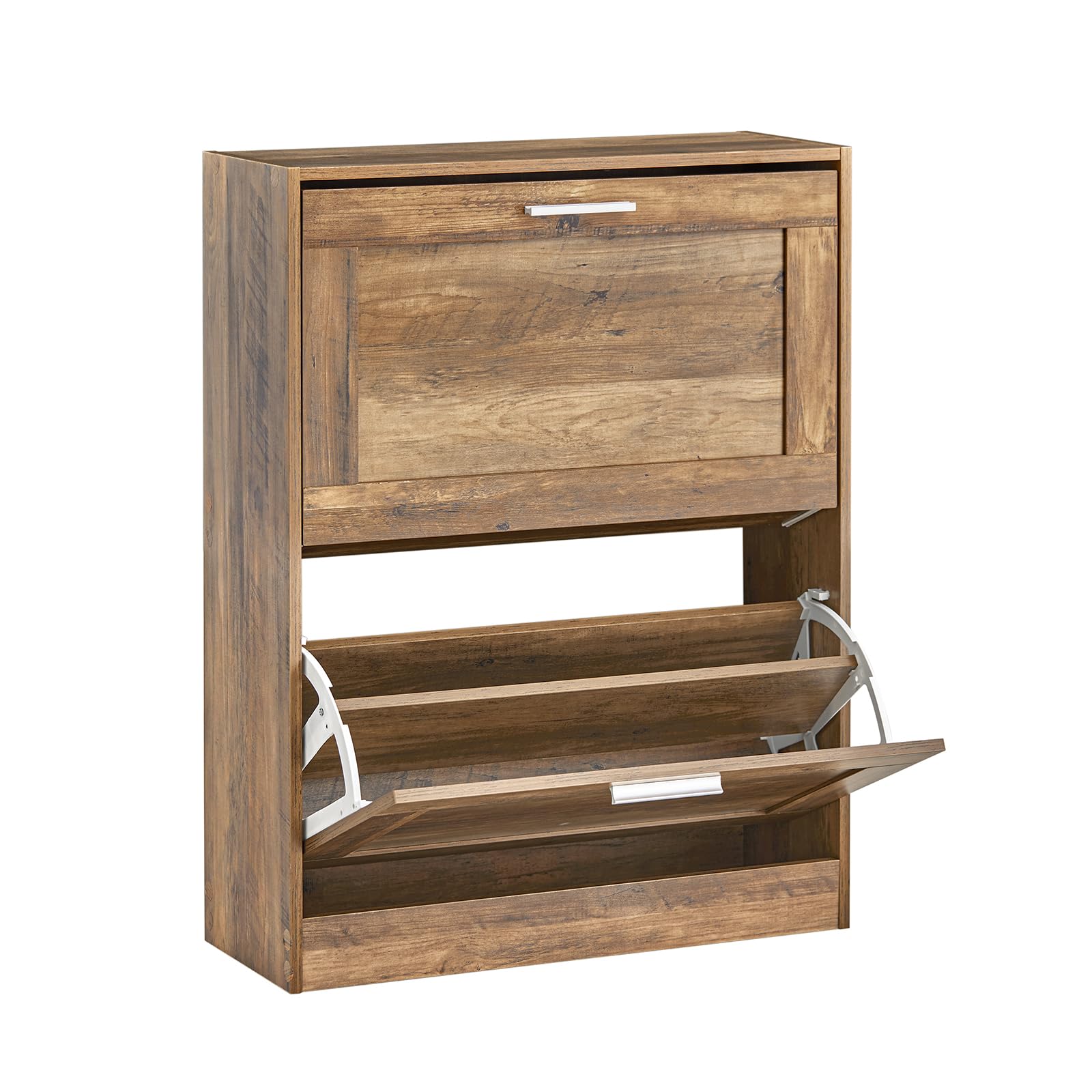 SoBuy Meuble Chaussures avec 2 abattants 60x23x79cm pour entrée | Armoire à chaussures fine avec séparateurs ajustables, MDF/PB E1, anti-basculement, dos semi-ouvert, bois foncé FSR137-F