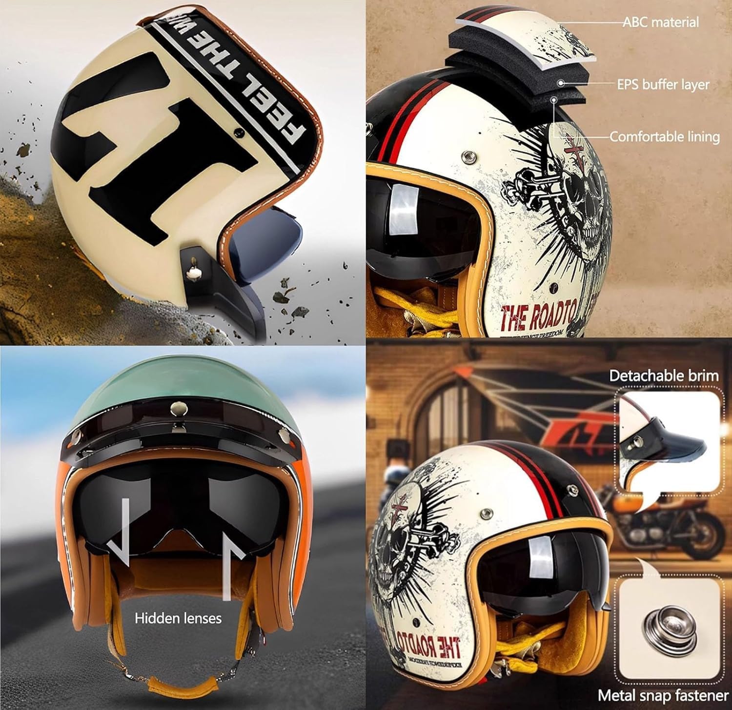 Retro-Jet-Motorradhelm, ECE- und DOT-geprüft, klassischer Vintage-Jethelm mit Visier, Unisex-Mopedhelm für Damen und Herren D,XXL=61-63cm