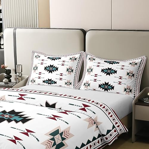 Miniatura 4 de Juego de ropa de cama 100% algodón del suroeste tamaño matrimonial, funda de edredón geométrica bohemia étnica tribal con flechas occidentales,