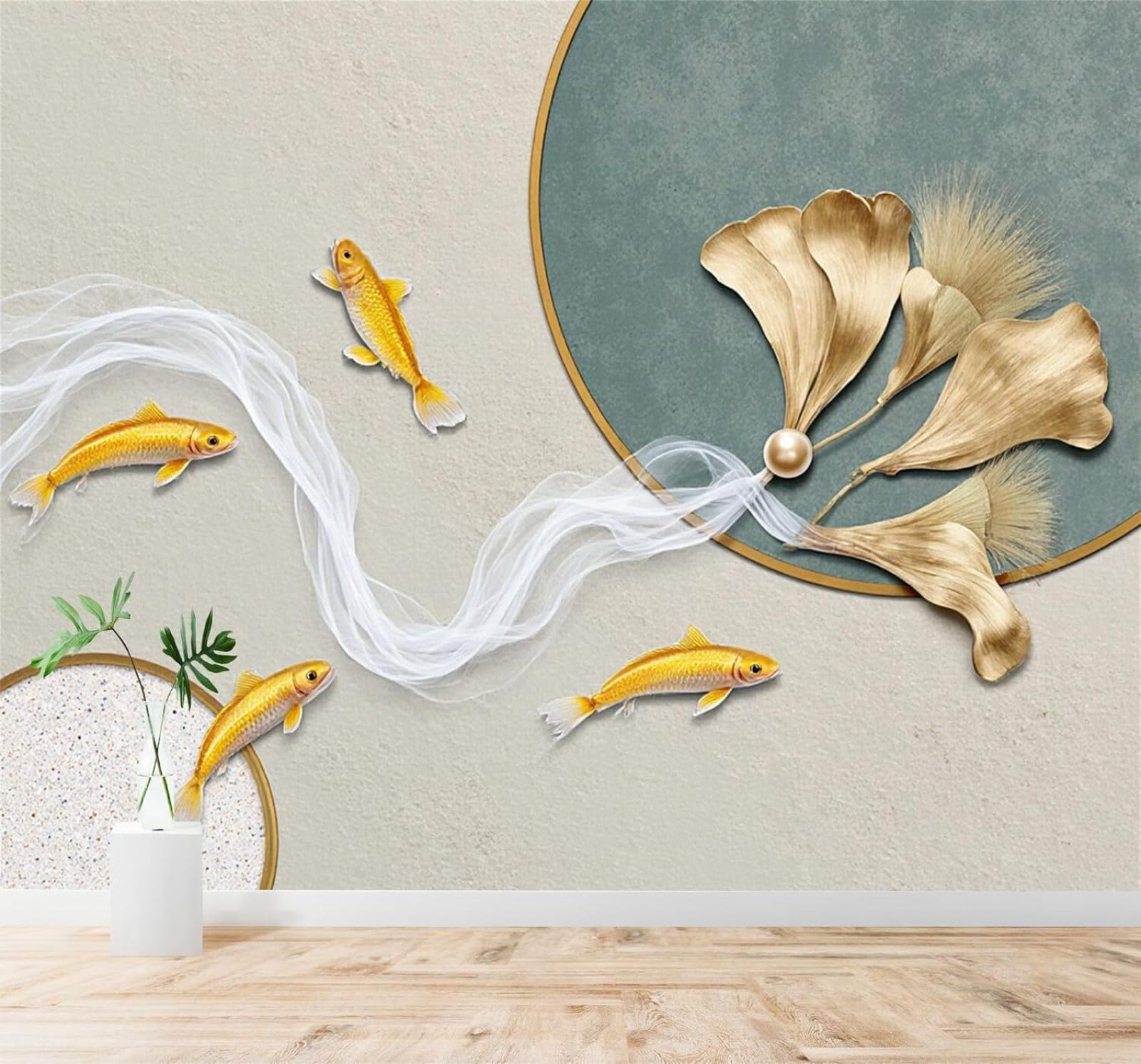Tzxztt 400Cm×280Cm(B×H) Minimalist Golden Fish Flowing Water Ginkgo Leaves Art Modern 3D Wallpaper Premium Textured Silk Neutral Tones Material Ideal For Living Room Bedroom-400Cm×280Cm