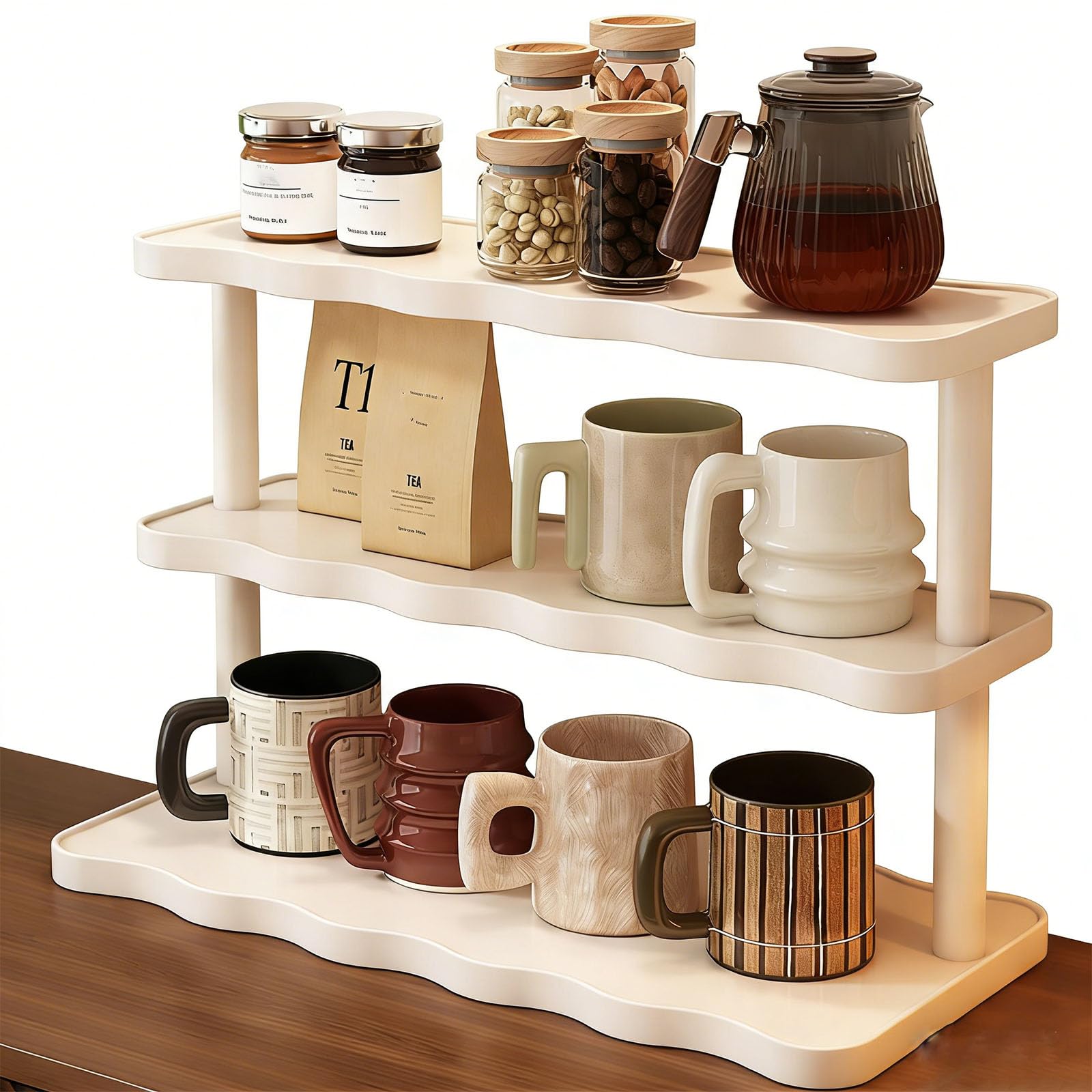 JORCEDI Bamboo multi-Tier Storage Shelf - Space-Saving Wooden Organizer with Large Tabletop, Heavy-Duty Load Capacity for Kitchen, Bathroom & Living Room (Warm White,3 Tier)