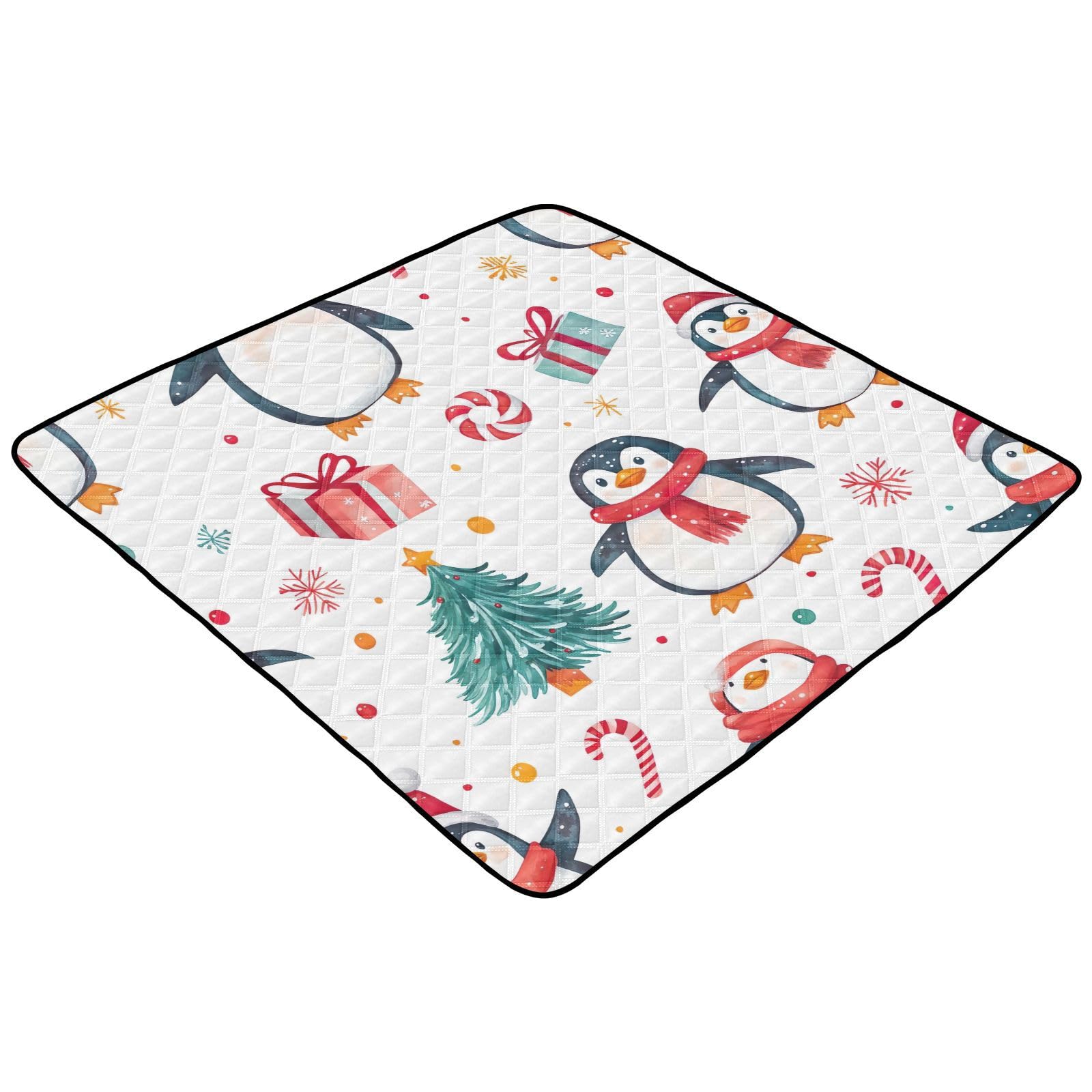 BOESI Doodle Cute Penguin Pattern Baby Play Mat, 50“ X 50” Washable Folding Crawling Mat, Baby Floor Mat, Soft, Thick, Non-Slip
