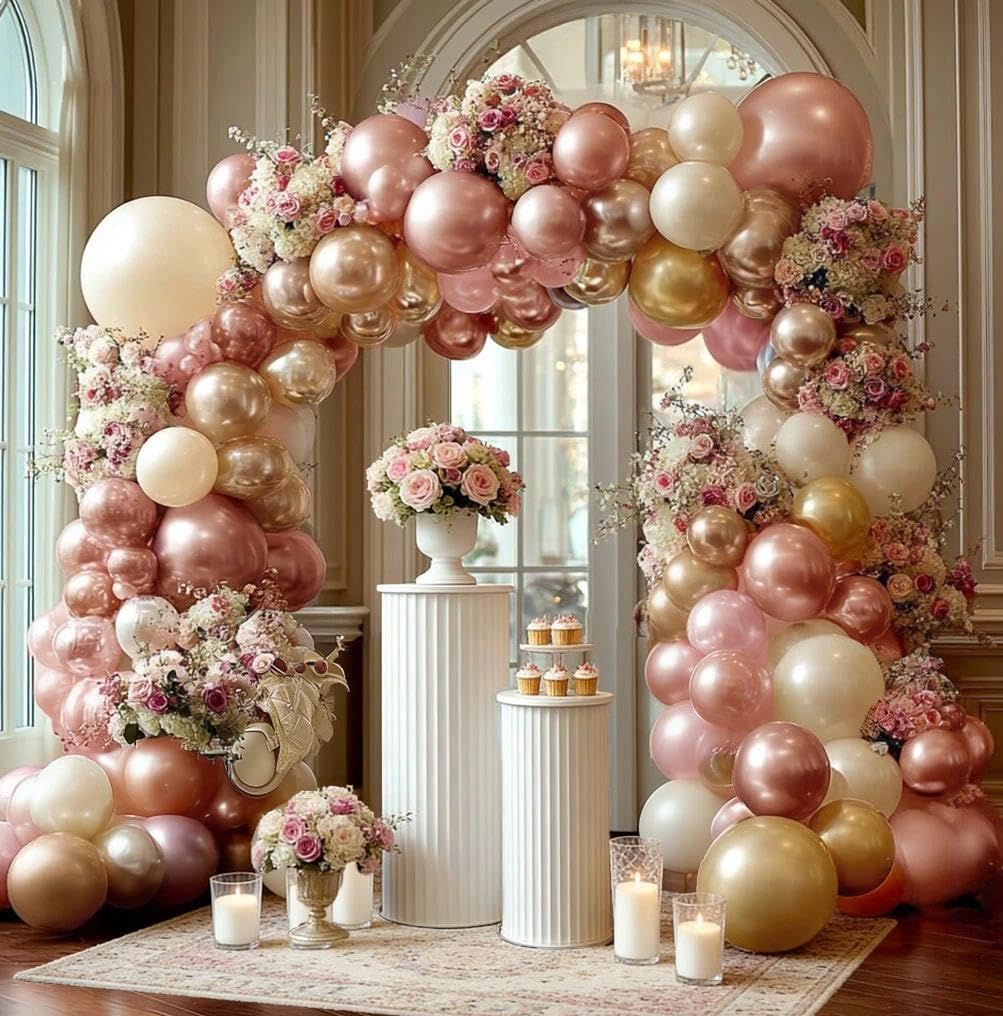 El kit de arco de globos de oro rosa incluye globos de oro rosa perla para decoración de bodas, cumpleaños, despedidas de soltera, baby shower