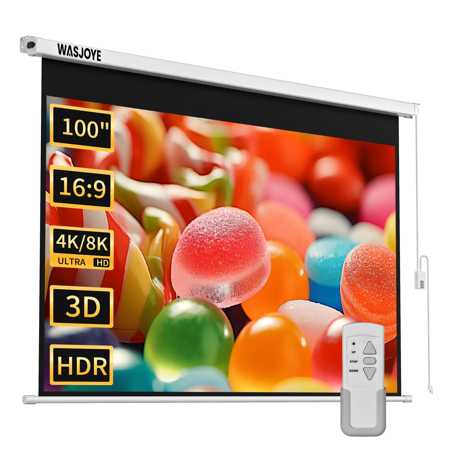 WASJOYE 100 "Schermo Proiettore Motorizzato Proyección Automática Diagonal Eléctrica 16: 9 8K Películas HD Telo Videoproiettore para Cine en Casa Videojuego de Oficina al Aire Libre con Control Remoto