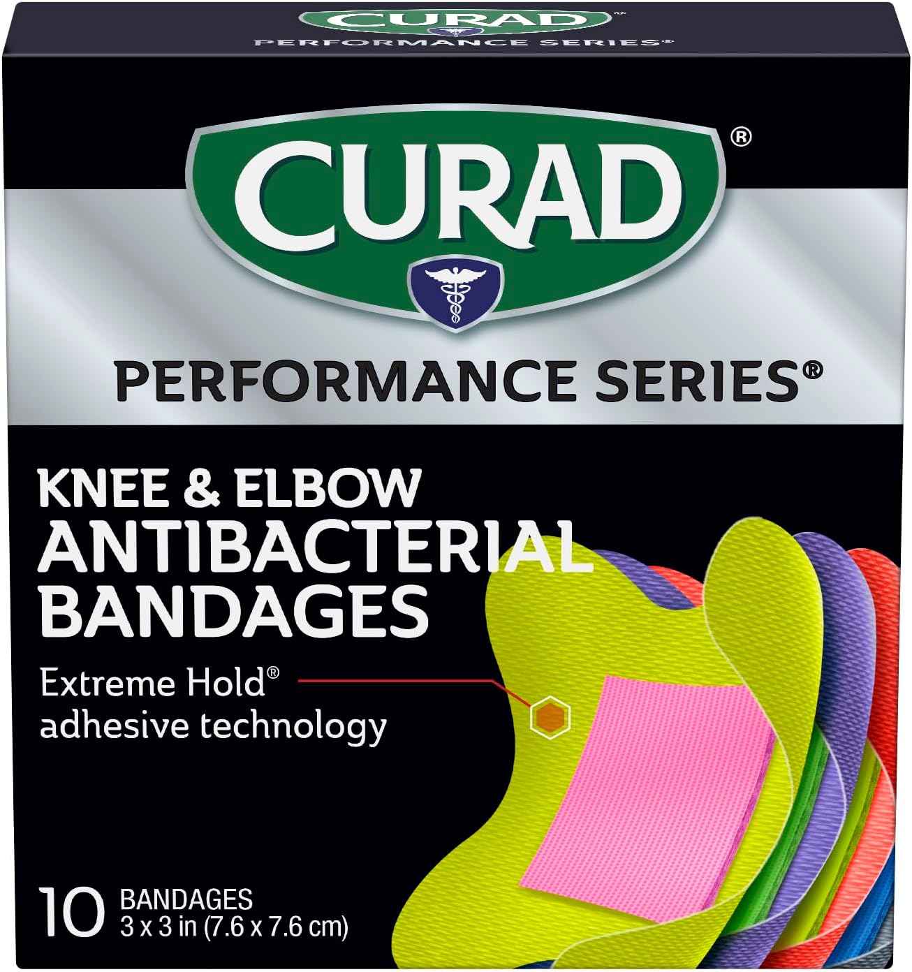 CURAD Performance Series Antibacterial Bandages, Elbows and Knees, 3" x 3", 10 Count