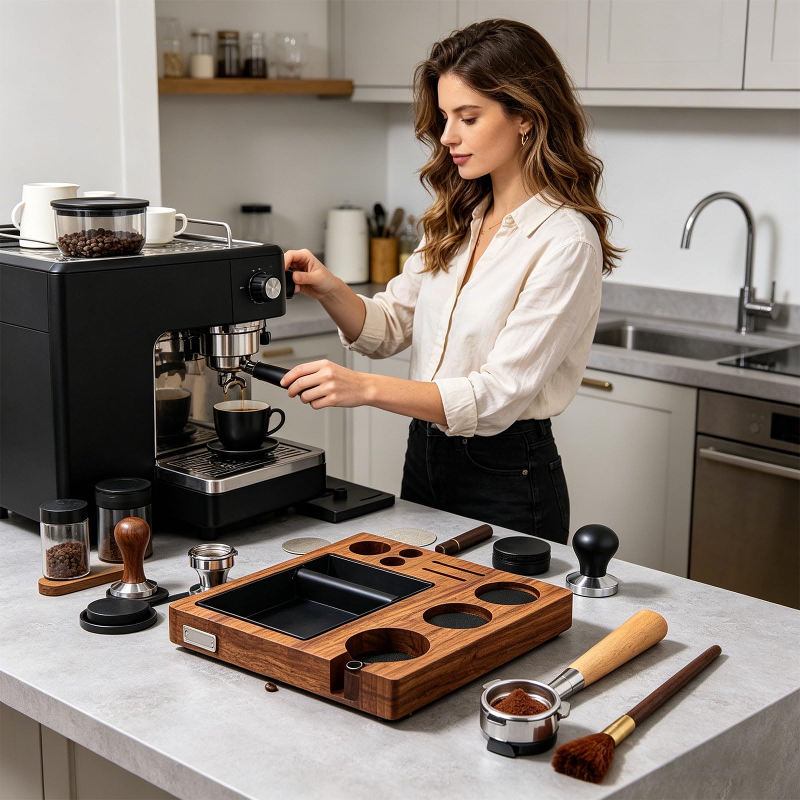 Robuste Pekannuss Kaffeezubehör Aufbewahrung mit elegantem Design, Ihrer Küche EIN natürliches Kaffeetablett aus Holz verleiht