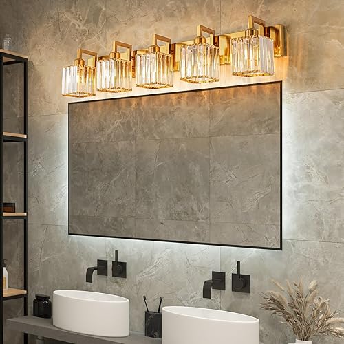 Miniatura 2 de Moderna lámpara de cristal para tocador de baño, 5 luces, acabado de latón cepillado dorado, lámpara de pared moderna de cristal para baño,