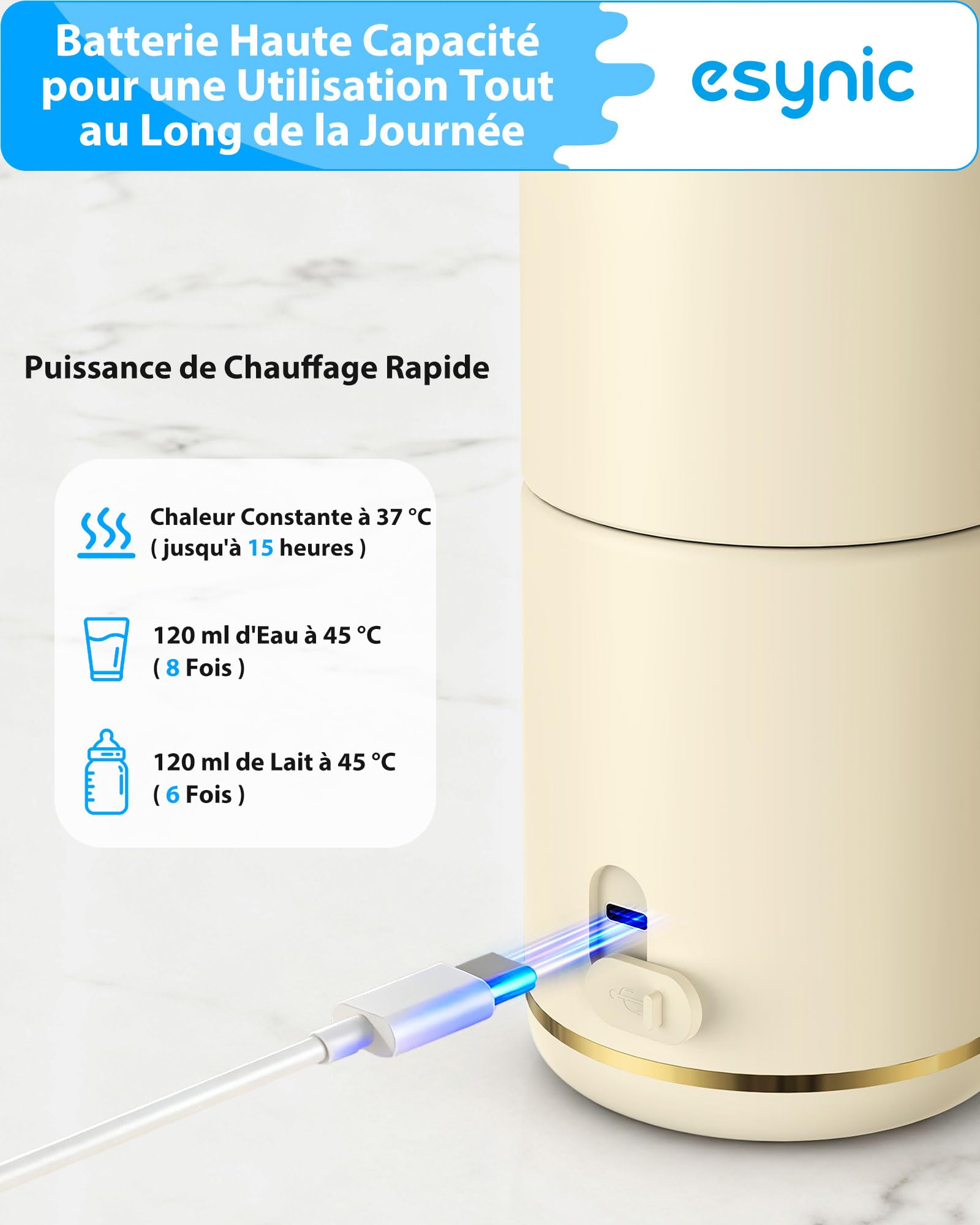eSynic Chauffe Biberon Portable sans Fil Capacité 450ml pour Lait Materne ou Préparation pour Nourrissons ou Eau Batterie 15000mAh Chauffe Rapide Température Précise Tasse Amovible pour Voyage Sortie